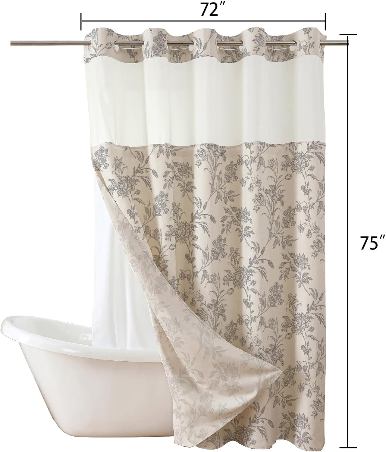 No Hook Shower Curtain with Snap in Liner Gray Floral Cotton Linen Cottagecore Shower Curtain for Bathroom 72" W x 75" L