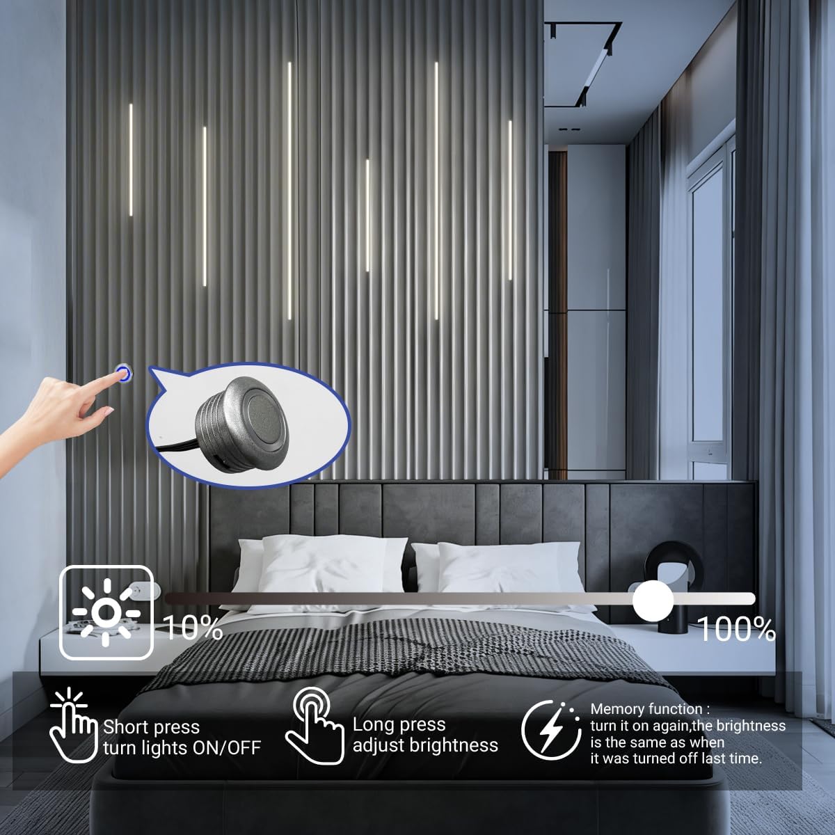 HAMRVL Wood Slat Wall Panels LED Recessed Lighting - 6pcs DC12V Adhesive Acoustic Panel Lights with Touch Switch, 4000K Natural White LED Light for Wood Wall Panels, Headboard, Under Cabinet Lighting