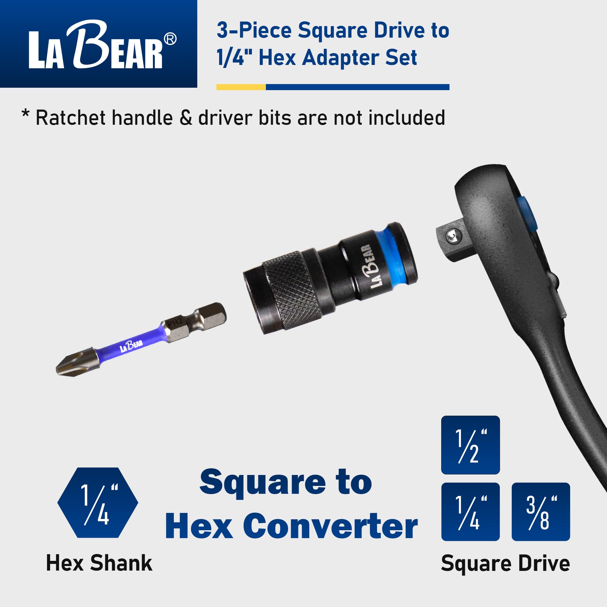LaBear Convertidor hexagonal de impacto a 1/4, 1/2 3/8 1/4 pulgadas hembra a juego de adaptadores hexagonales de 1/4 pulgadas, adaptadores de llave de impacto para destornilladores de llave de