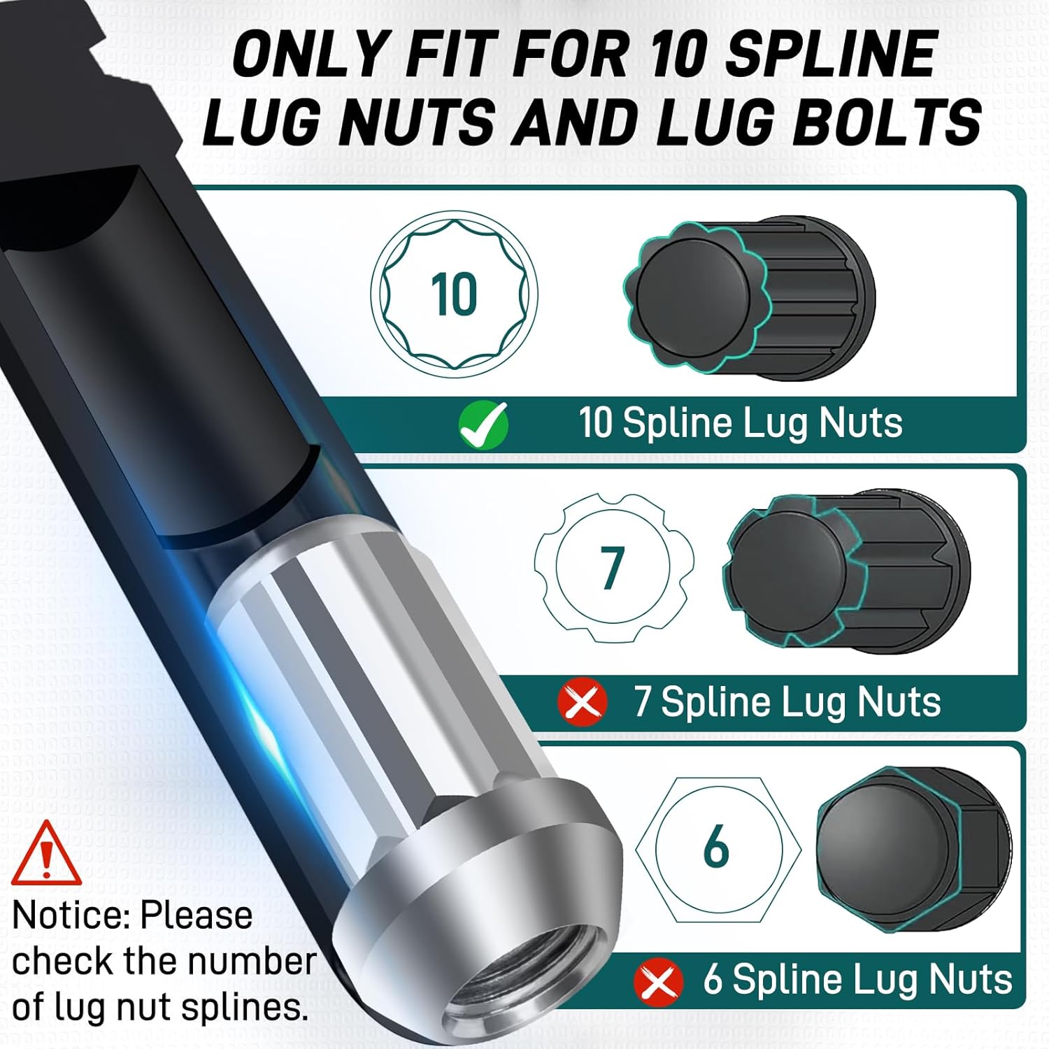 10 Spline Lug Nut Key Set, 10 Spline Lug Nut Socket for Passenger Cars, SUVs and Trucks, Double Layer Reinforcement, Dual Hex Drive, CR-MO Steel, 3 Piece