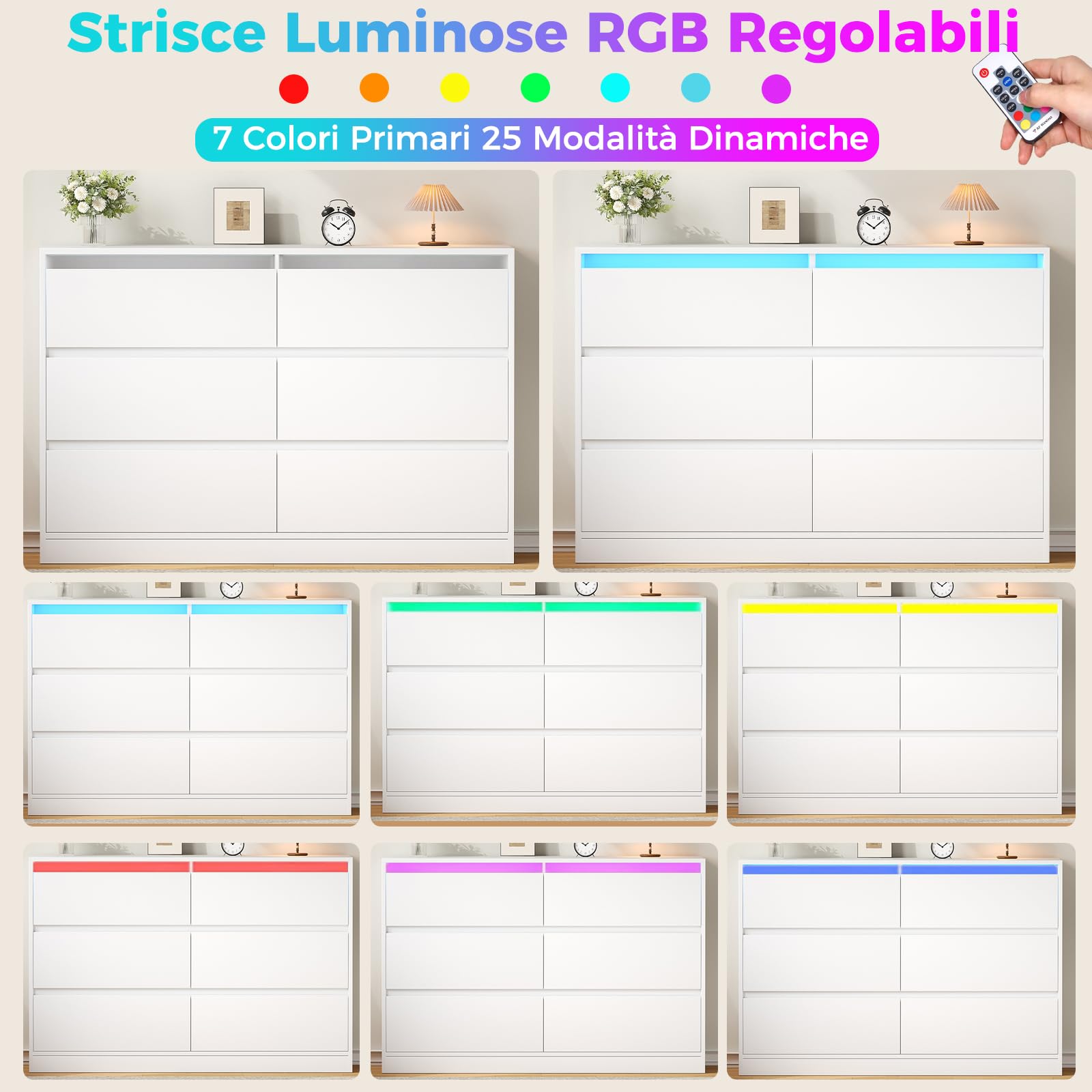 BEWISHOME Cassettiera Camera da Letto Moderna con 6 Cassetti e Luci a LED | Cassettiera Bianca,Salvaspazio,Mobile Camera da Letto per Soggiorno,Bagno e Ingresso,40 x 75 x 108 cm EKCG08W