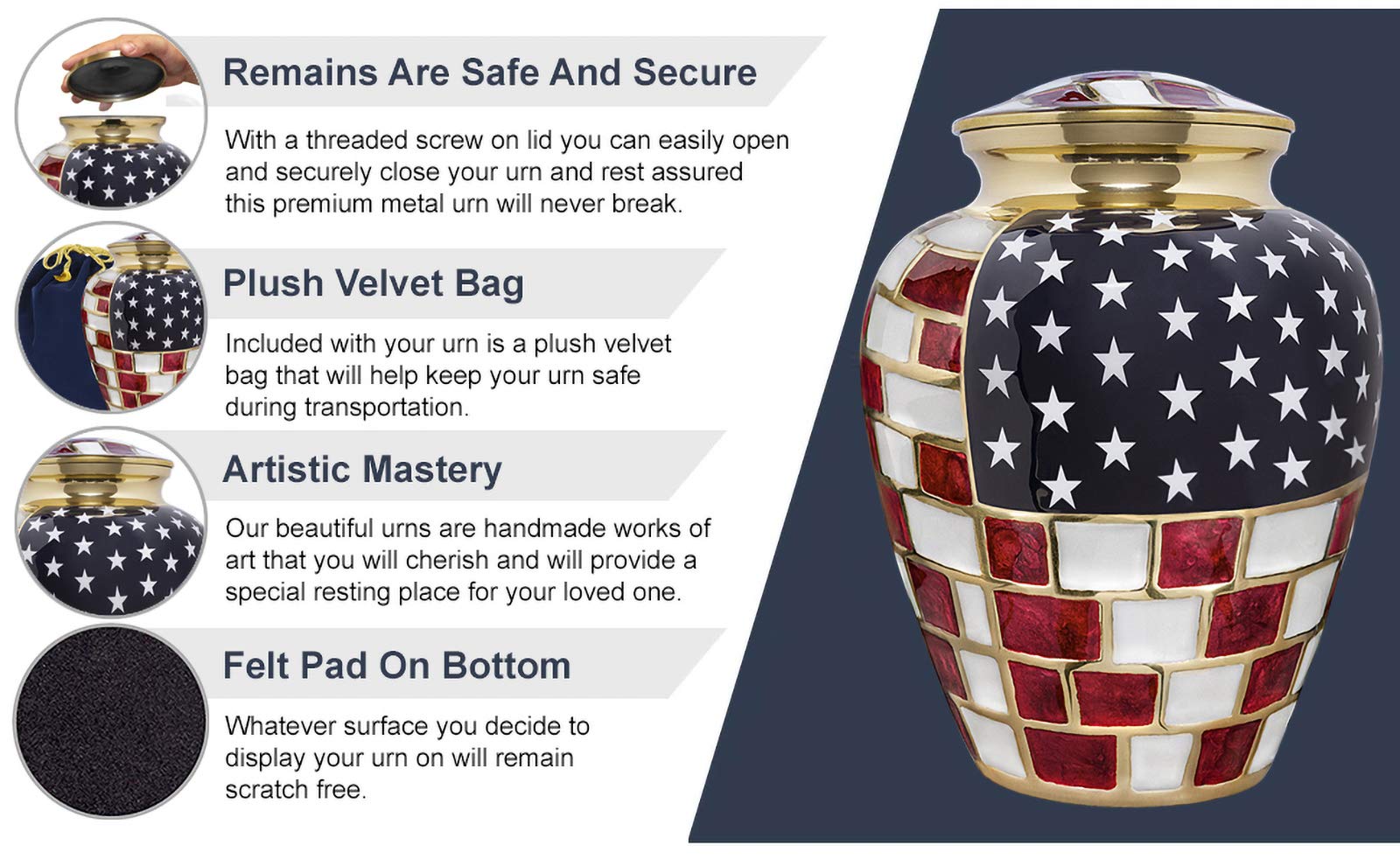 Patriotic Flag Classic Large Urn for Human Ashes - for Veterans First Responders and Patriots That Loved America - Find Comfort and Pride Each Time You See This Red White and Blue Urn - w Velvet Bag