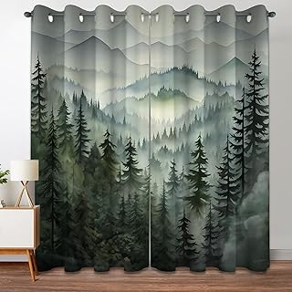 Forest Green Blackout Curtains Patterned Misty Nature Rustic Grommet Win...