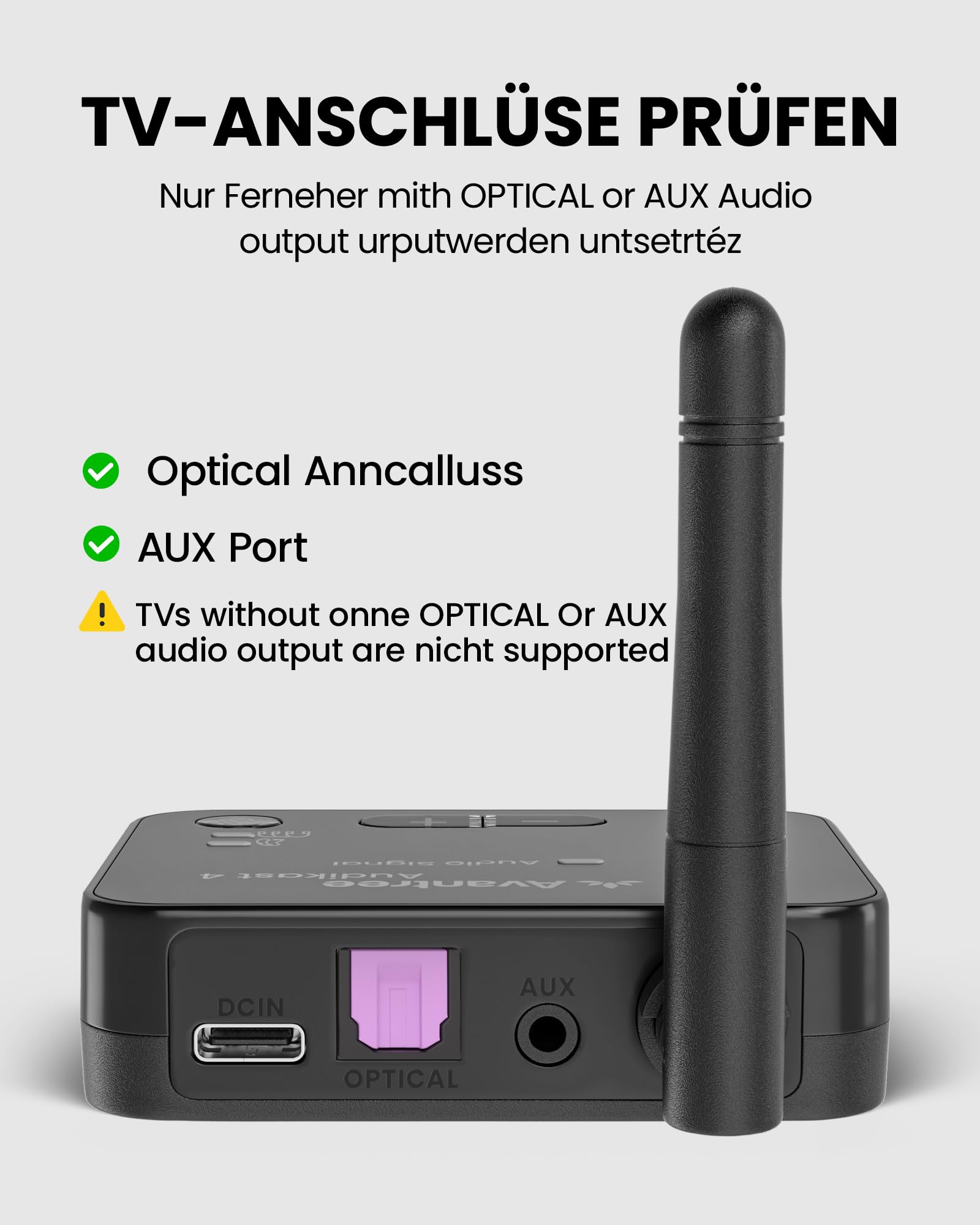 Avantree Audikast 4 – Auracast & Bluetooth 5.4 TV Transmitter, 2 Modi für Kopfhörer & Persönliche Audiogeräte, aptX Adaptive/HD, Optisch & AUX, Firmware-Upgradefähig