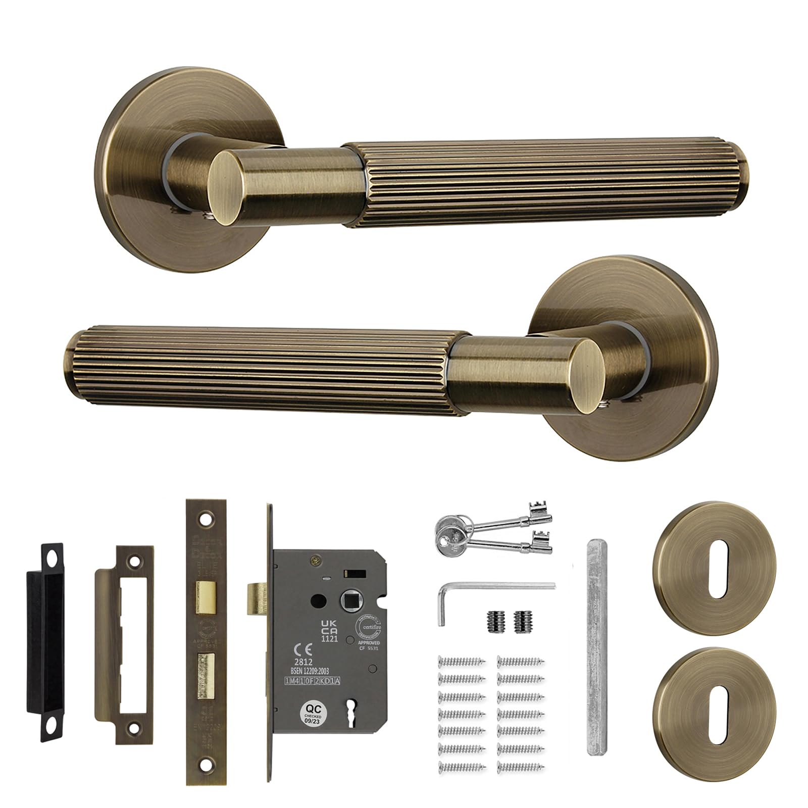 Decoranddecor Hera Antique Brass Internal Door Handles - Aluminium Handle Sets with Lock and Keys - Elegant and Durable Design for Wooden Interior Doors in Homes, Offices, and Bedrooms