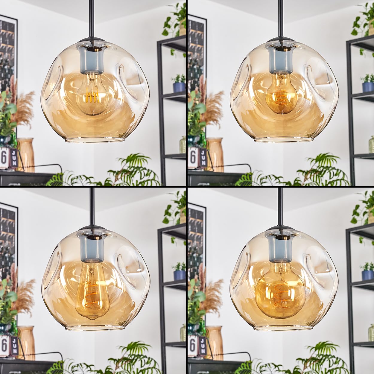 HOFSTEIN Hängeleuchte Ripoll, 3-flammige Hängelampe aus Metall/Glas in Schwarz/Bernsteinfarben, moderne Pendelleuchte im Retro/Vintage-Design, Schirme Ø 20 cm, E27, Esszimmer, Küche, Wohnzimmer