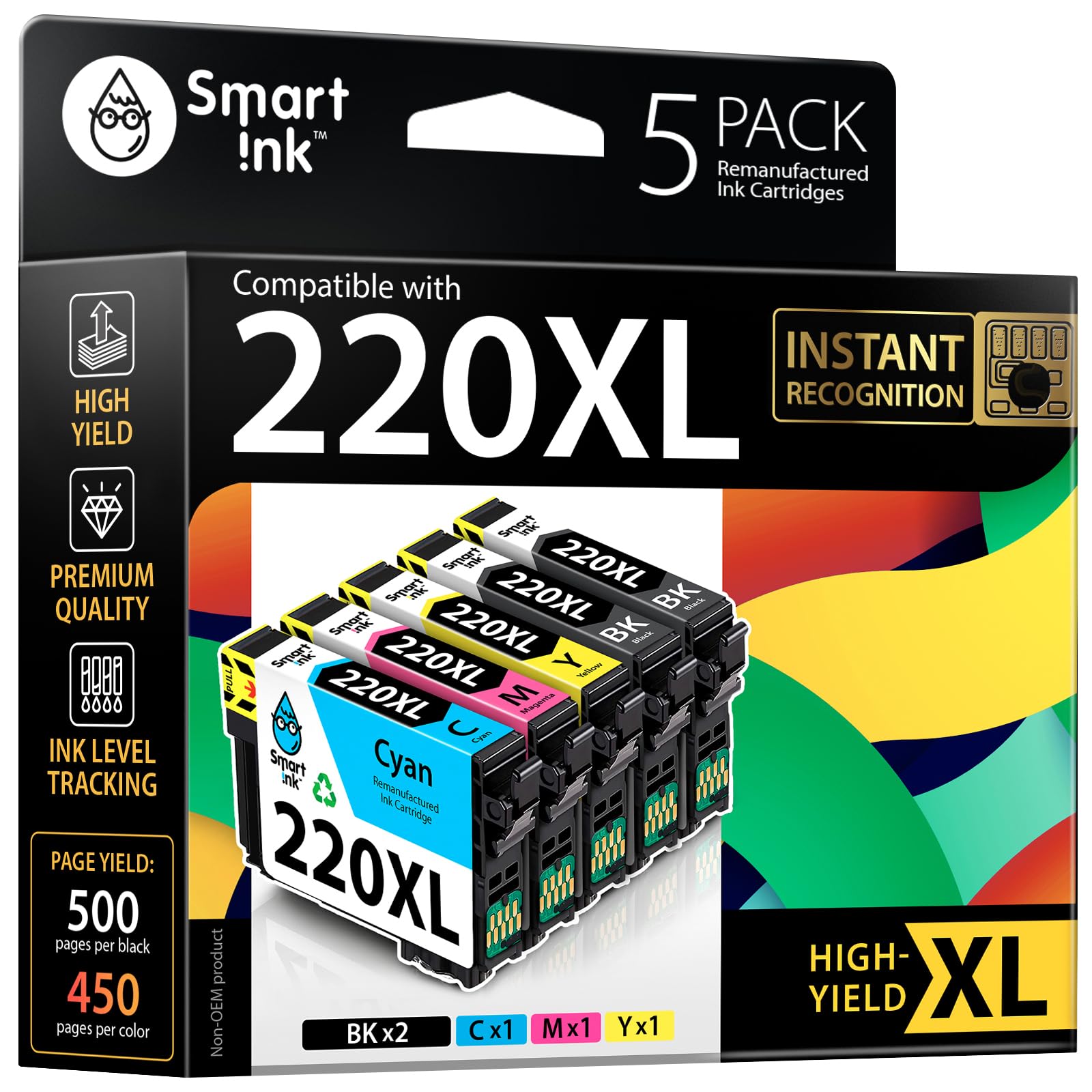 Remanufactured Ink Cartridge Replacement for Epson 220 XL T220 220XL to use with Workforce WF-2630 WF-2650 WF-2750 Expression Home XP-320 XP-420 XP-424 Printers (2 Black, C/M/Y 5 Multipack)