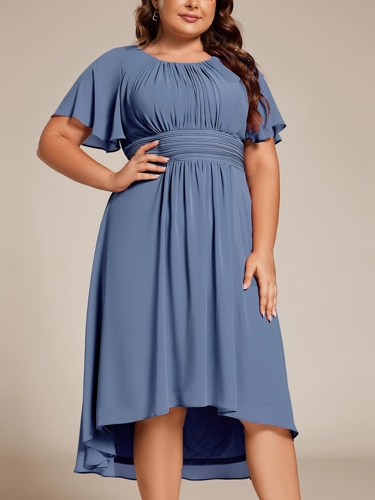 Ever-Pretty A Line Curvy Girocollo Maniche Corte Pieghe Plus Size Alto Basso Abiti da sposa 02053-DA, Blu marino polveroso., 50