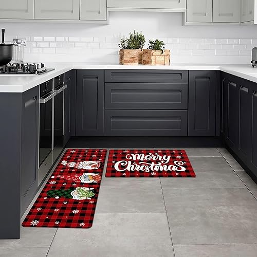 Miniatura 5 de Juego de 2 alfombras y tapetes de cocina con texto en inglés "Merry Christmas", antideslizantes, absorbentes, con diseño de gnomo de nieve, para