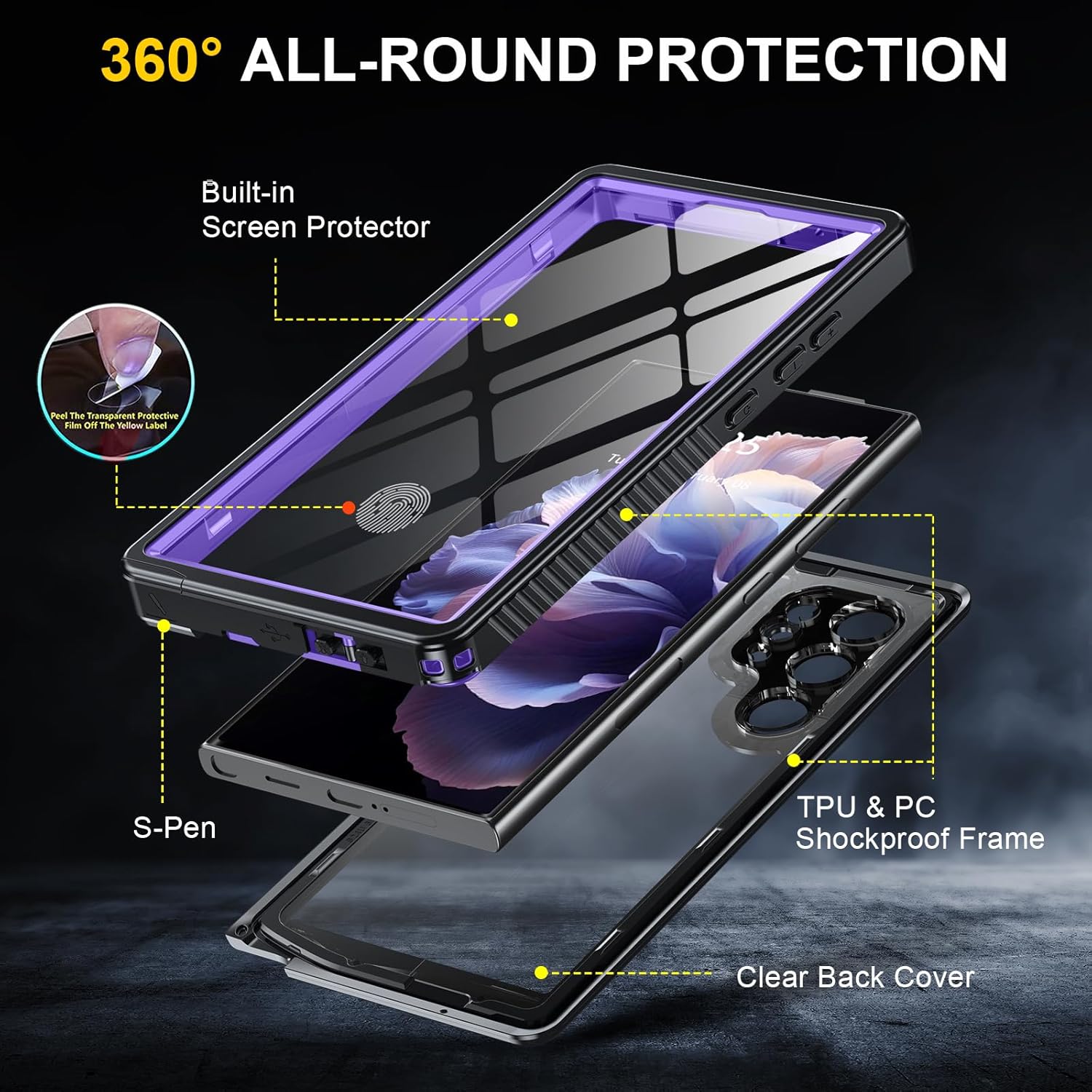 ANTSHARE for Samsung Galaxy S24 Ultra Case Waterproof, Built-in Lens & Screen Protector 360° Full Body Heavy Duty Protective Shockproof IP68 Underwater Case for Galaxy S24 Ultra(2024) 5G-Purple