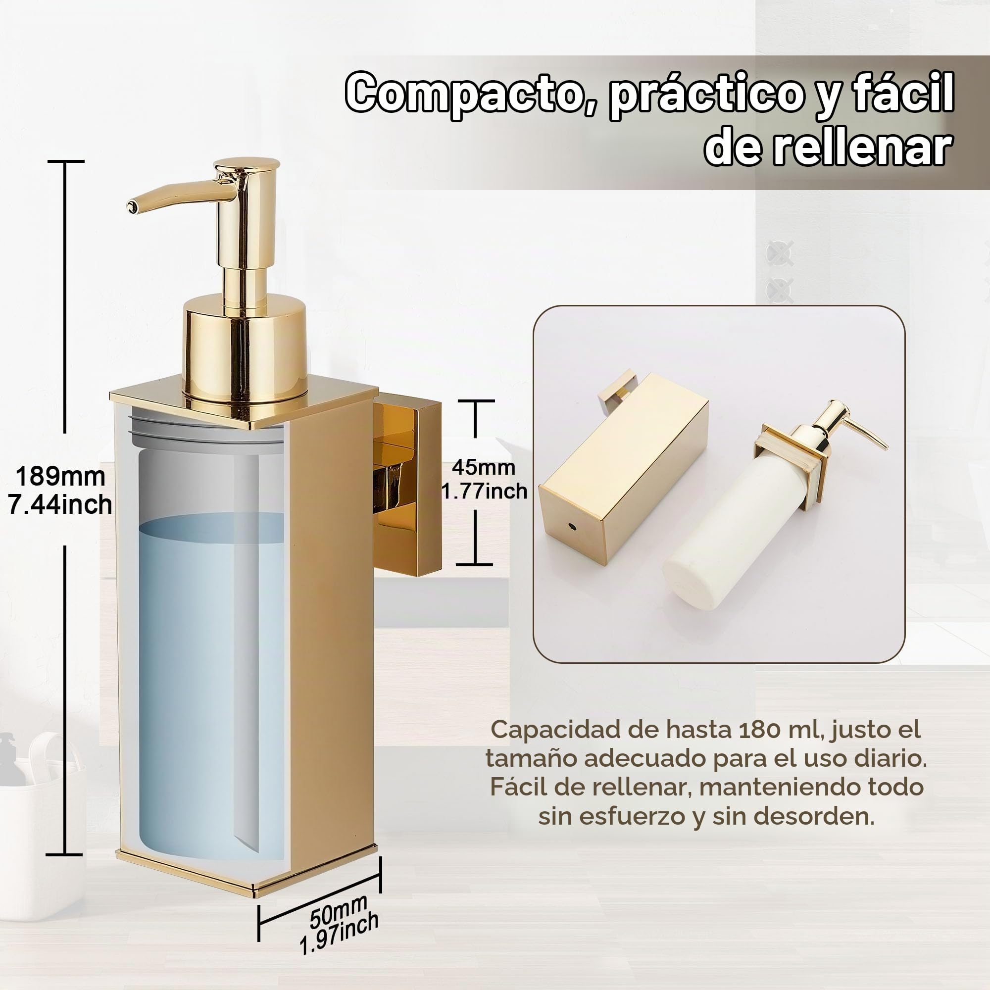 BGL - Juego de 2 dispensadores de jabón montados en la pared, dispensador de jabón líquido de acero inoxidable 304 para baño y cocina, color dorado