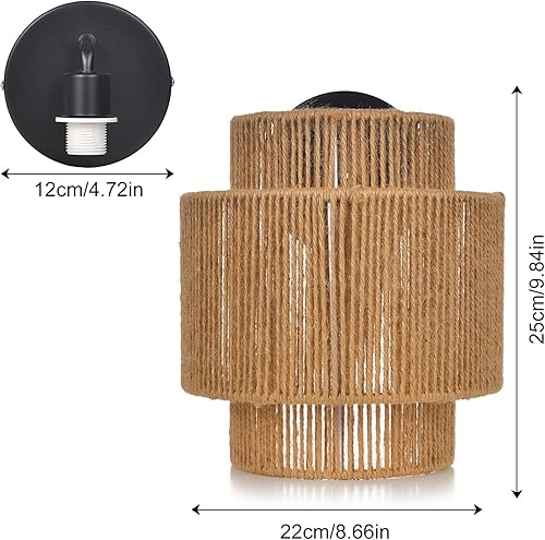 Miniatura 7 de Hodevimall Lámpara de pared con cuerda de cáñamo, apliques de pared inalámbricos para dormitorio, estilo rústico de granja, vintage, para
