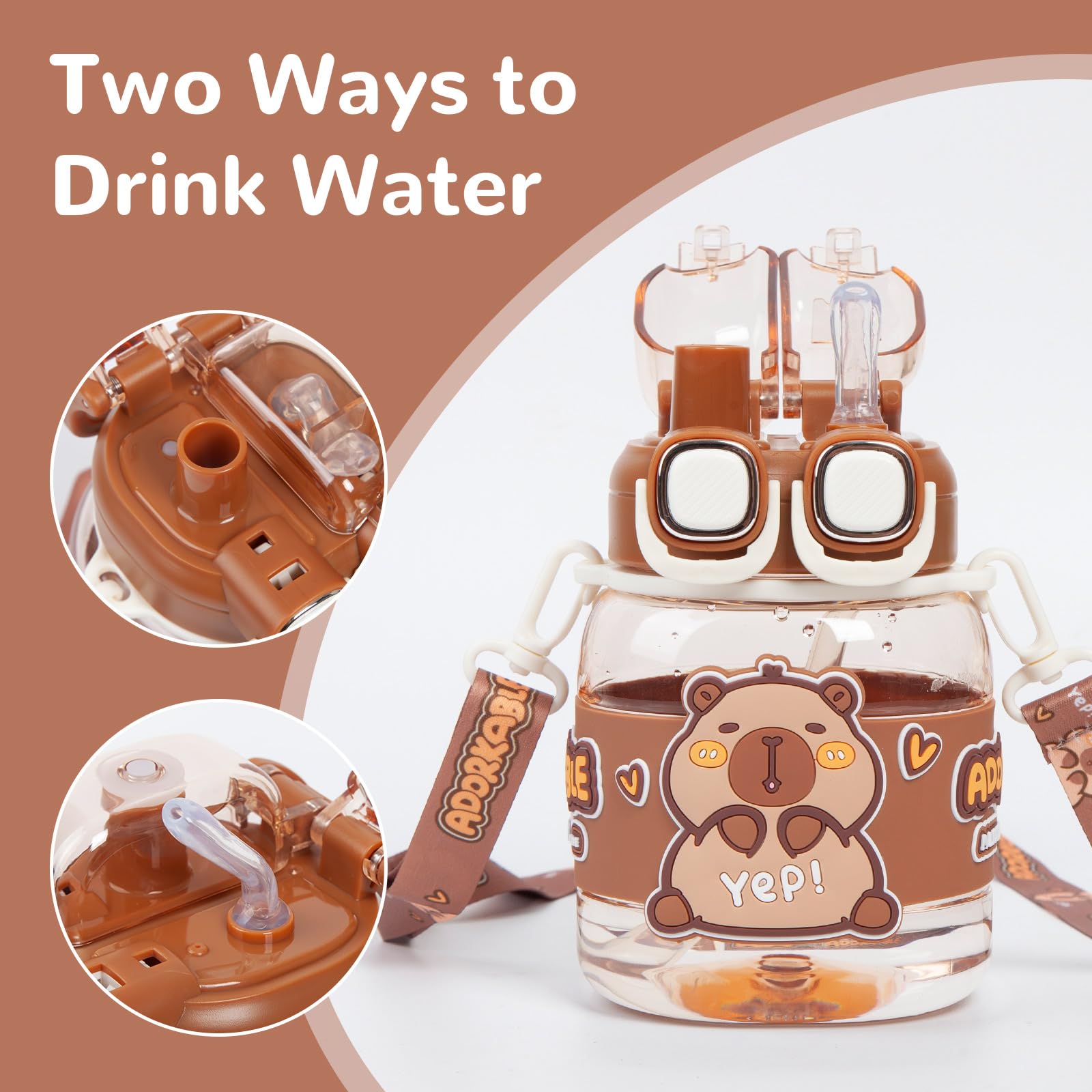Fjlitx Kawaii Capybara Water Bottle With Straw, Cute Summer Plastic Bottle For Students, Leakproof Transparent Kapibara Cup With Lid & Portable Strap