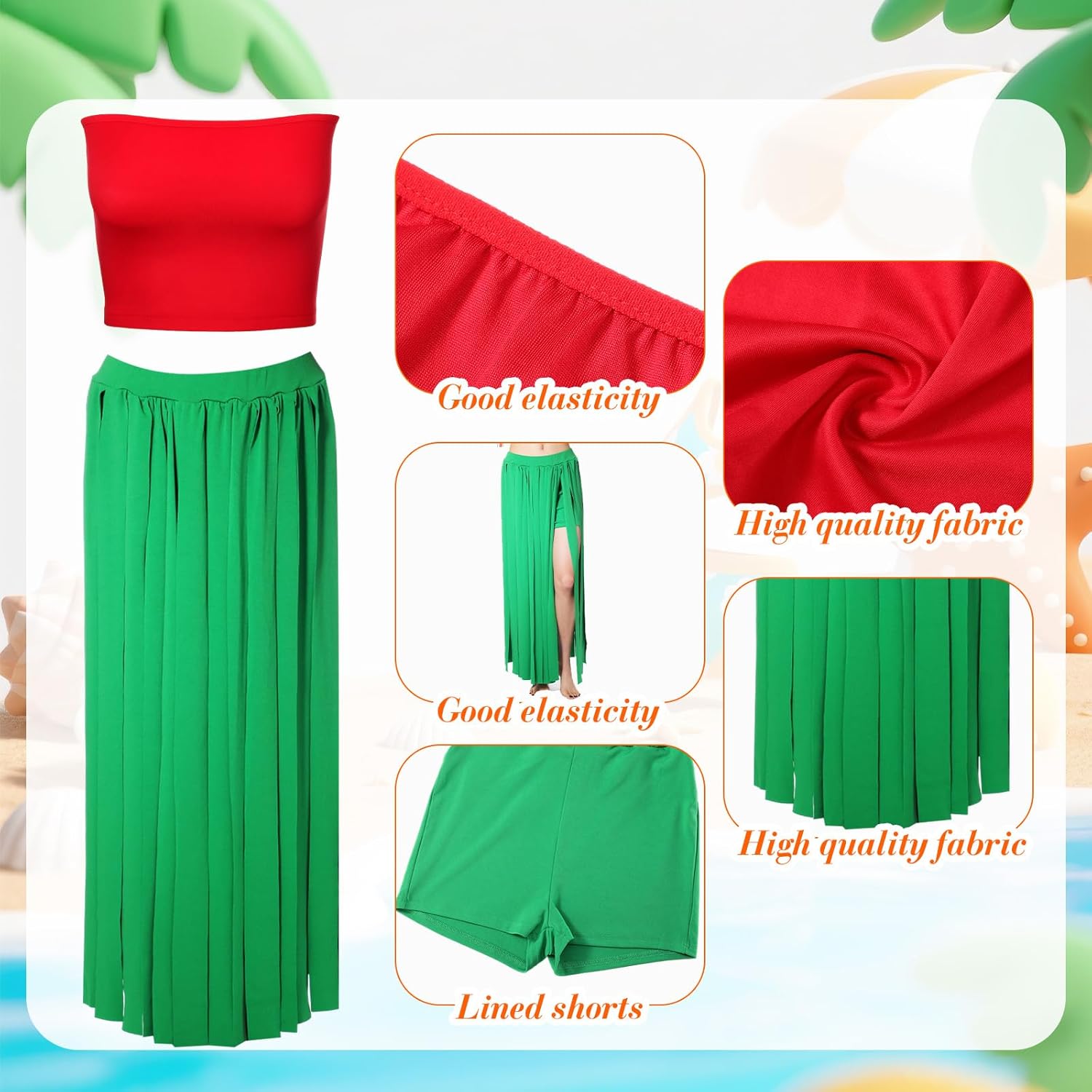 8 Pcs Hawaiian Woman Costume Hula Skirt with Tank Top Flower Necklace Leis Outfit for Halloween Summer Luau Party