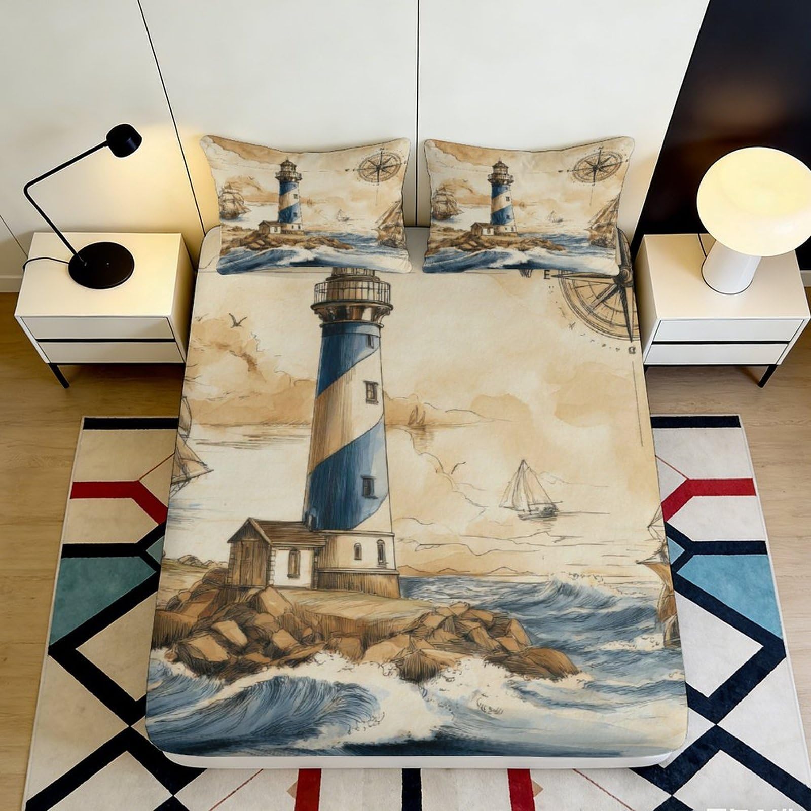 3D Printed Nautical Lighthouse Fitted Sheet Microfiber Soft Breathable Ocean Waves Mattress Cover for Bedroom Decor 90x200x25cm