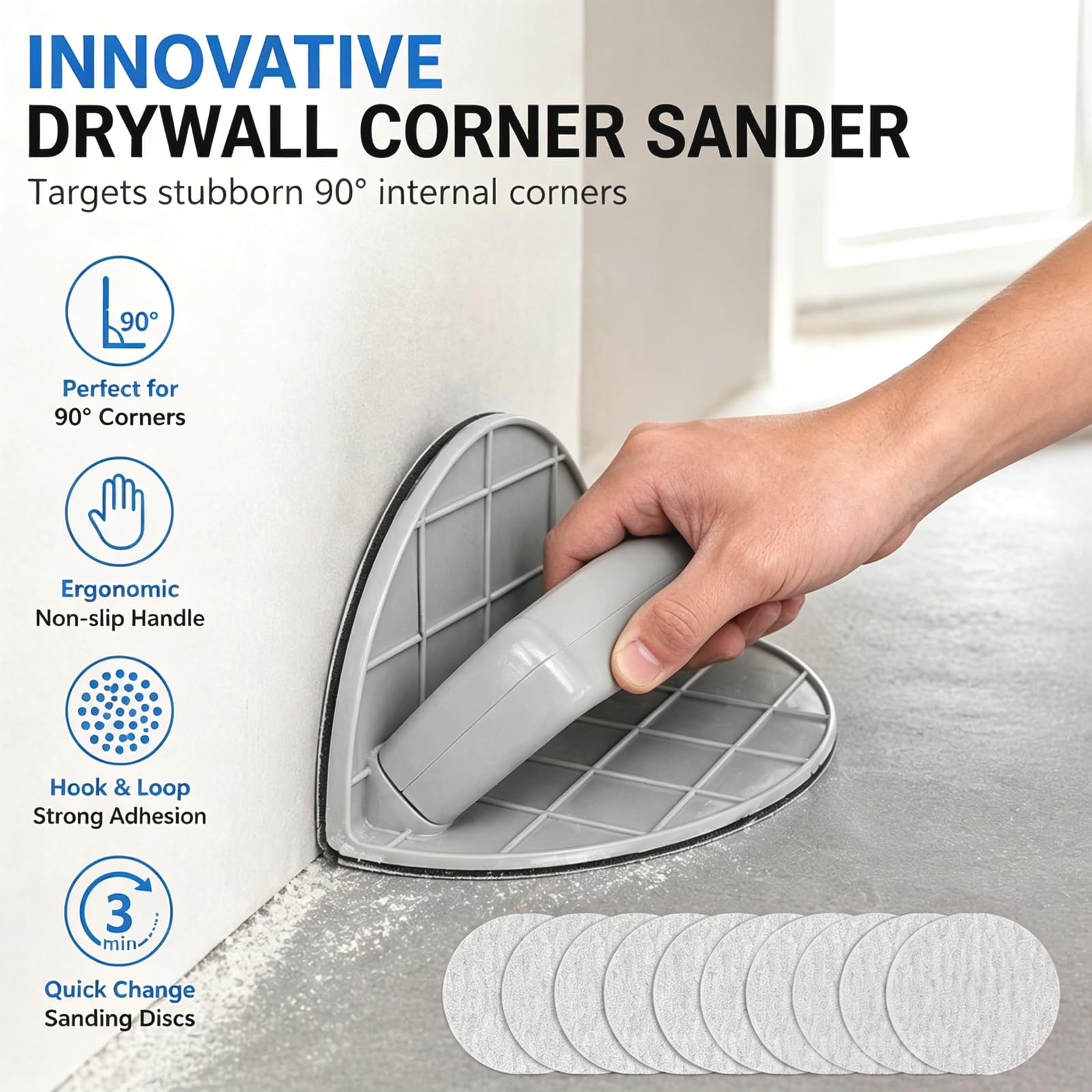 Ponceuse d'angle Cloison Sèche avec 10 Papiers Abrasifs Grain 240 | Ponceuse d'angle Semi Circulaire Auto Adhésif Multifonction Design à Angle Droit 90° , pour Coins Surfaces Planes