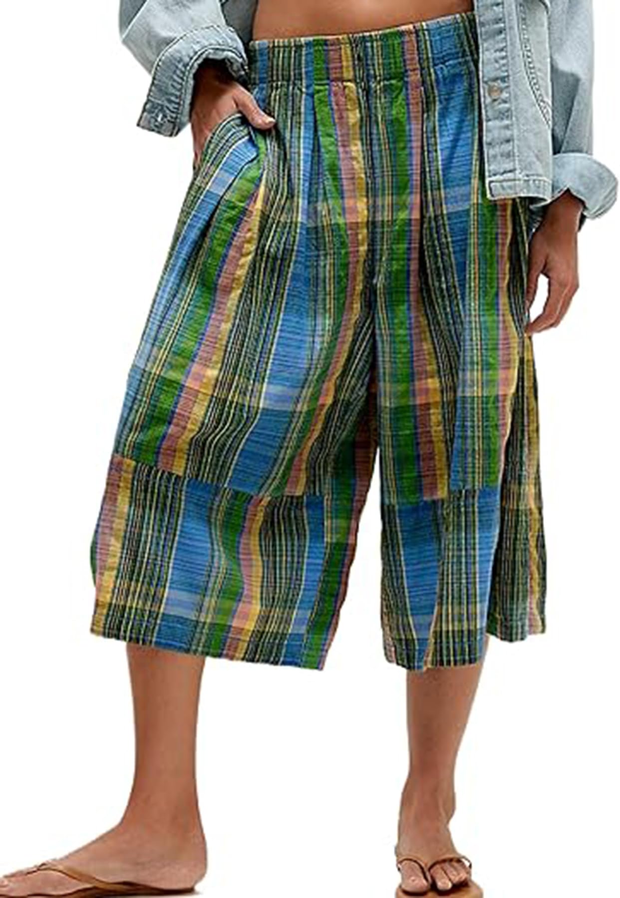 Womens Summer Boho Wide Leg Culotte Pants Casual Elastic Waisted Palazzo Trousers Colorful Plaid Capris with Pockets