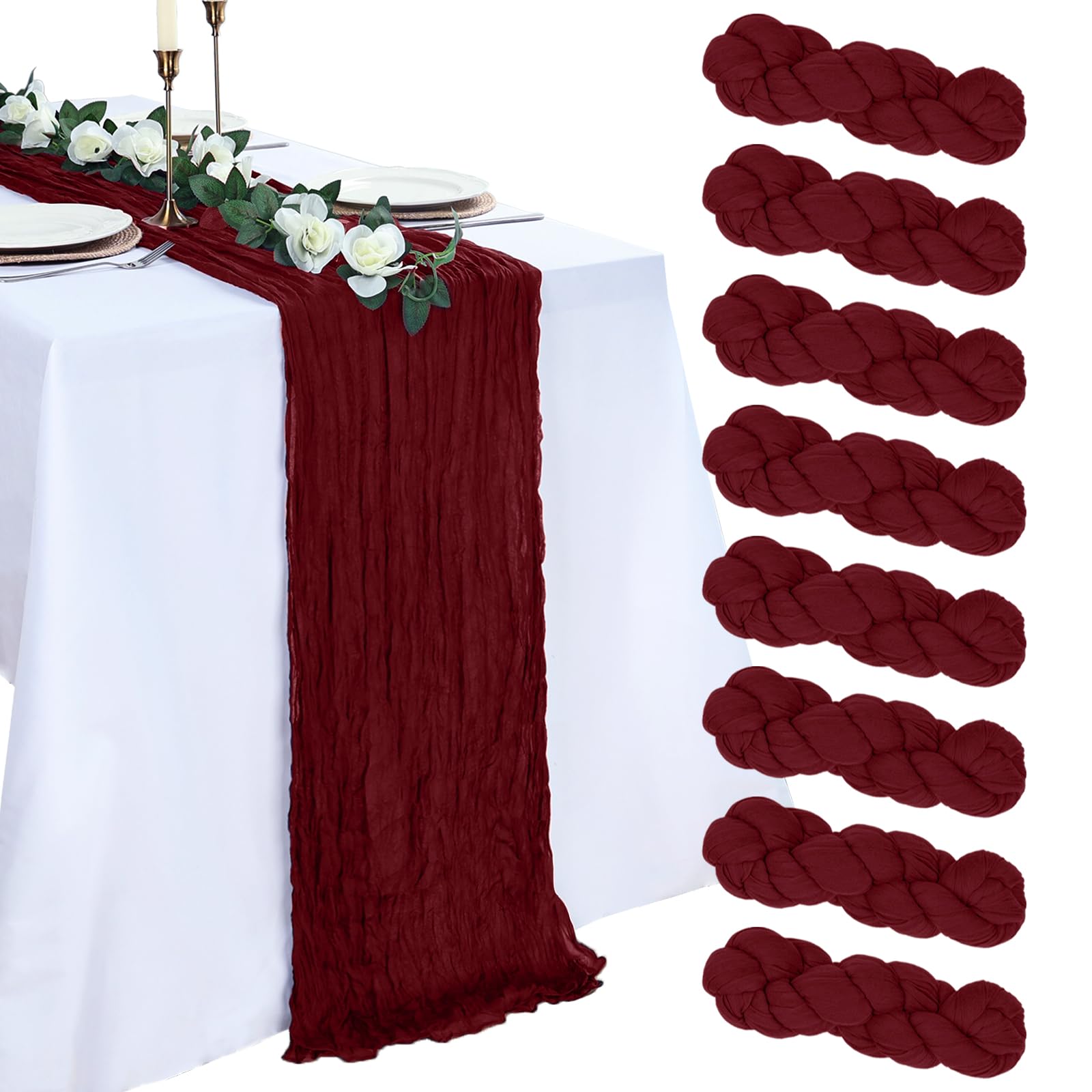 8 Pack Burgundy Cheesecloth Table Runner 10ft Boho Gauze Fabric 120 Inch Chee…