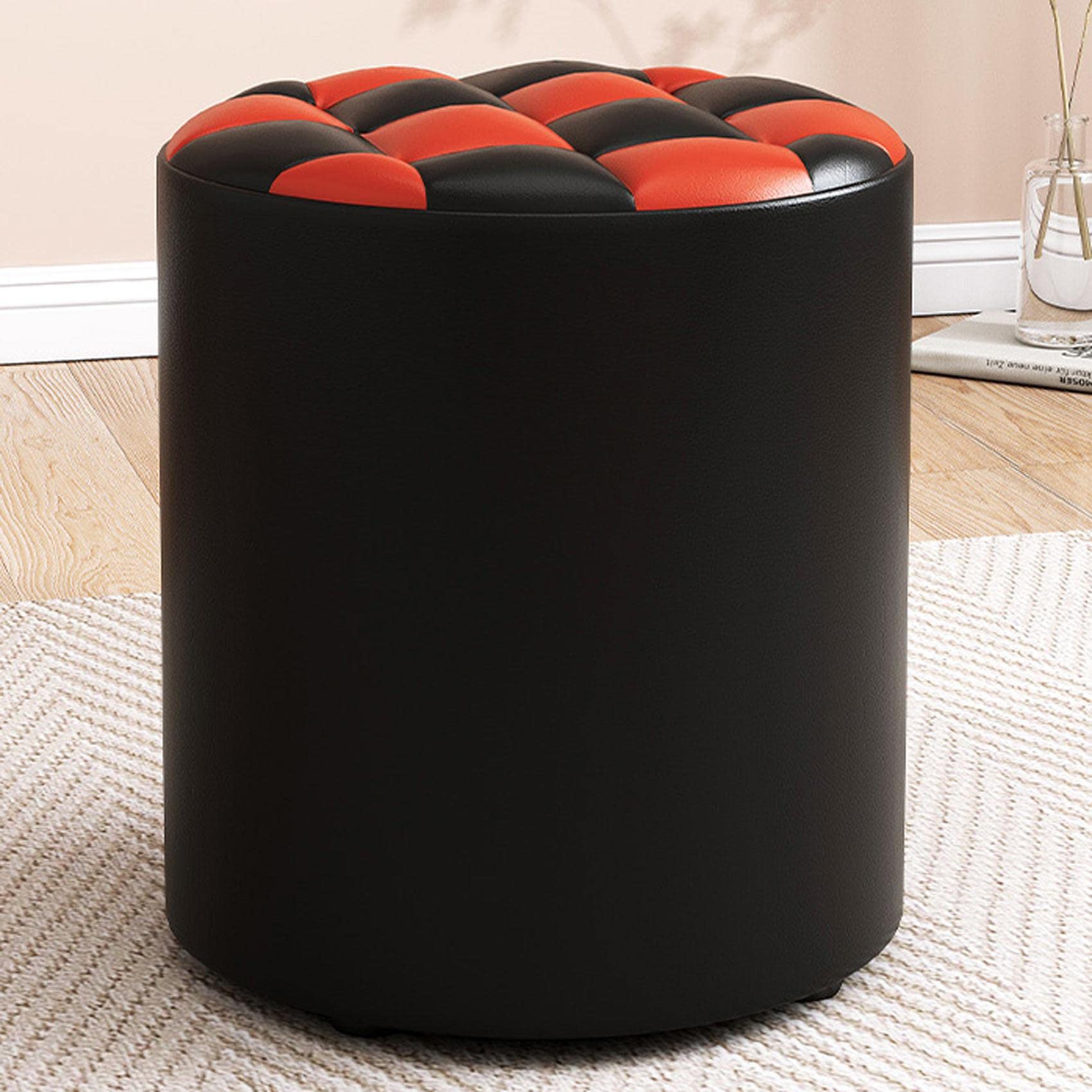 Round Leather Footstool for Living Room and Bedroom Black/Red 31x35cm