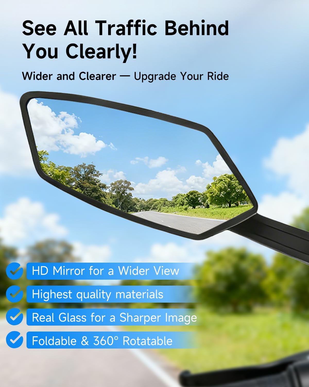 Bike Mirror 1 Pair, Ebike Mirrors for Handlebars, 360° Adjustable Wide Bicycle Rear View Mirror, Scratch Resistant Glass Lens, Safe HD Bike Rear View Mirror for Scooter, Motorcycle, Bike Accessory