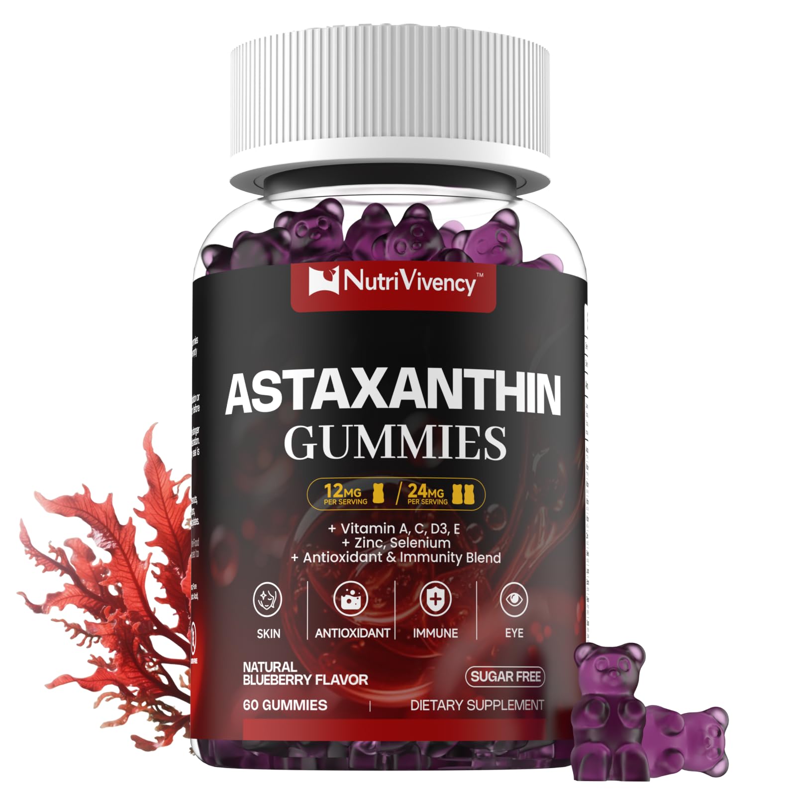 Astaxanthin Gummies 12mg, 24mg Max, Astaxanthin Supplements, 60 Counts