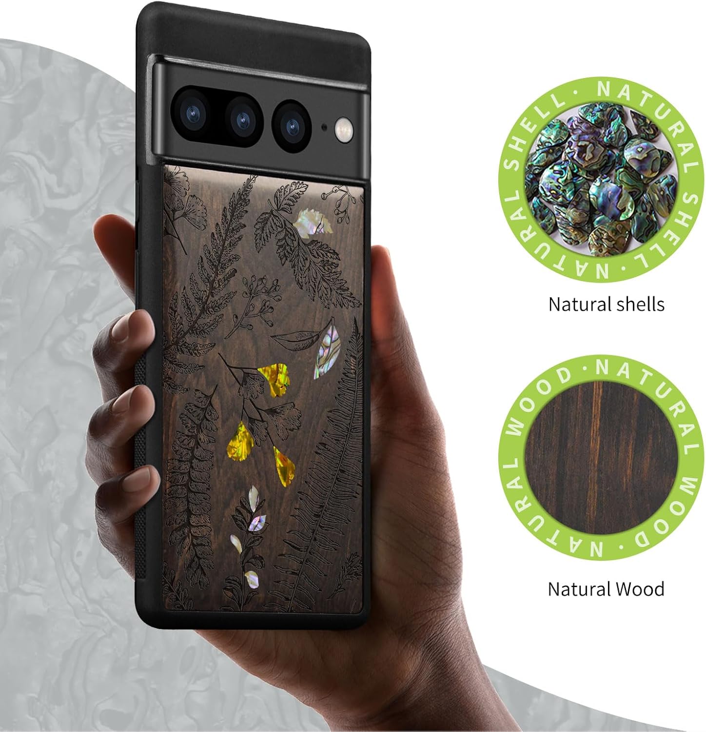 Carveit Designer Wooden Case for Google Pixel 7 Pro Case [Wood Engraving & Shell Inlay] Compatible with Wireless Chargers Pixel 7 Pro (Fern Leaves & Herbs-Blackwood)