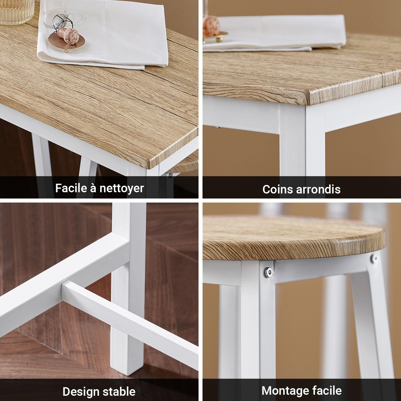 SoBuy Table Haute Mange Debout avec 4 Tabourets, Table de Bar Bistrot en Bois pour Cuisine 4 Personnes, Salon, Jardin et Extérieur Blanc-Naturel 120×100×40cm OGT22-WN