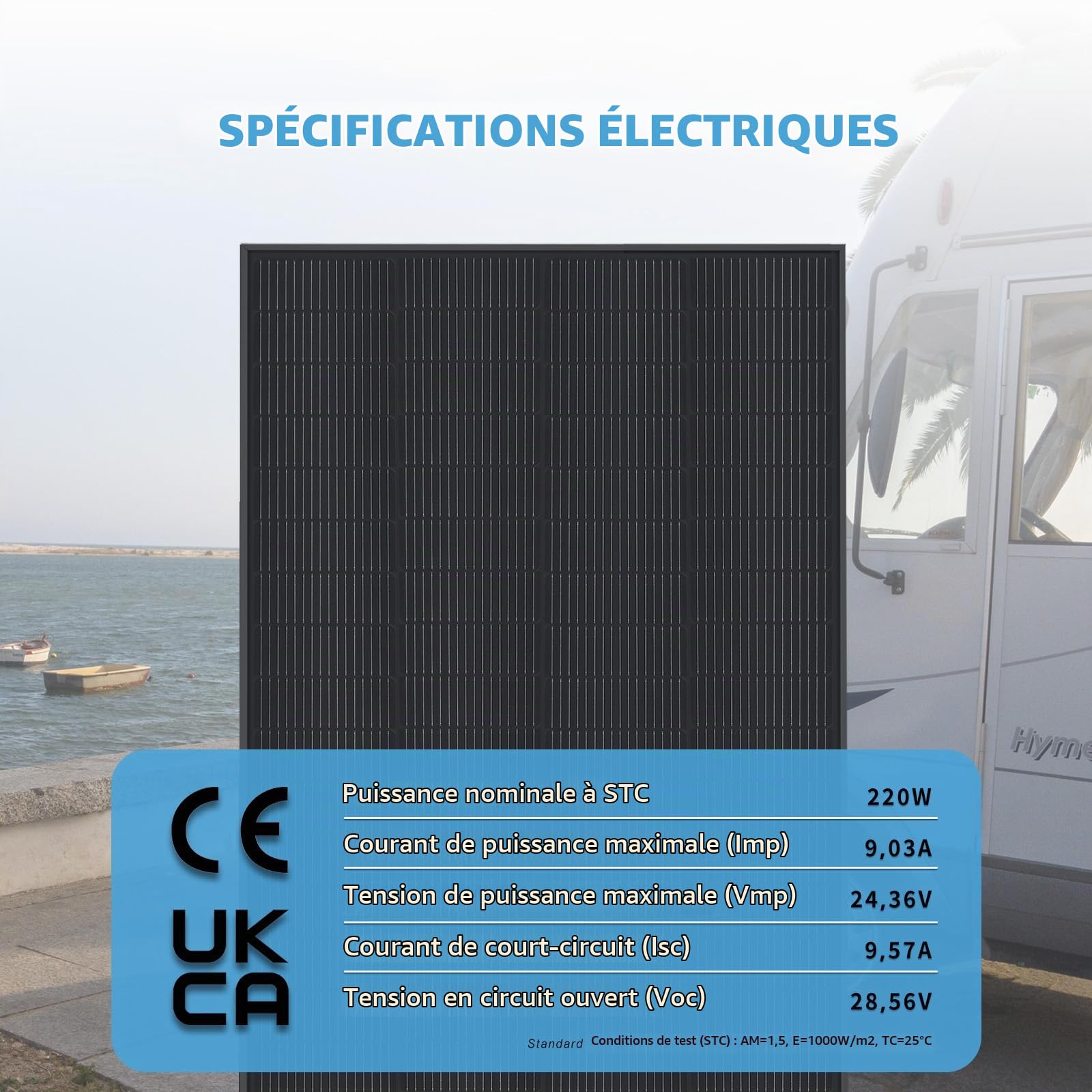 Panneau Solaire Monocristallin N-Type 220W 12V Noir – Module Solaire Haute Efficacité pour Camping-Car, Bateau, Balcon, Toit, Batteries 12V et Centrales Électriques Mobiles