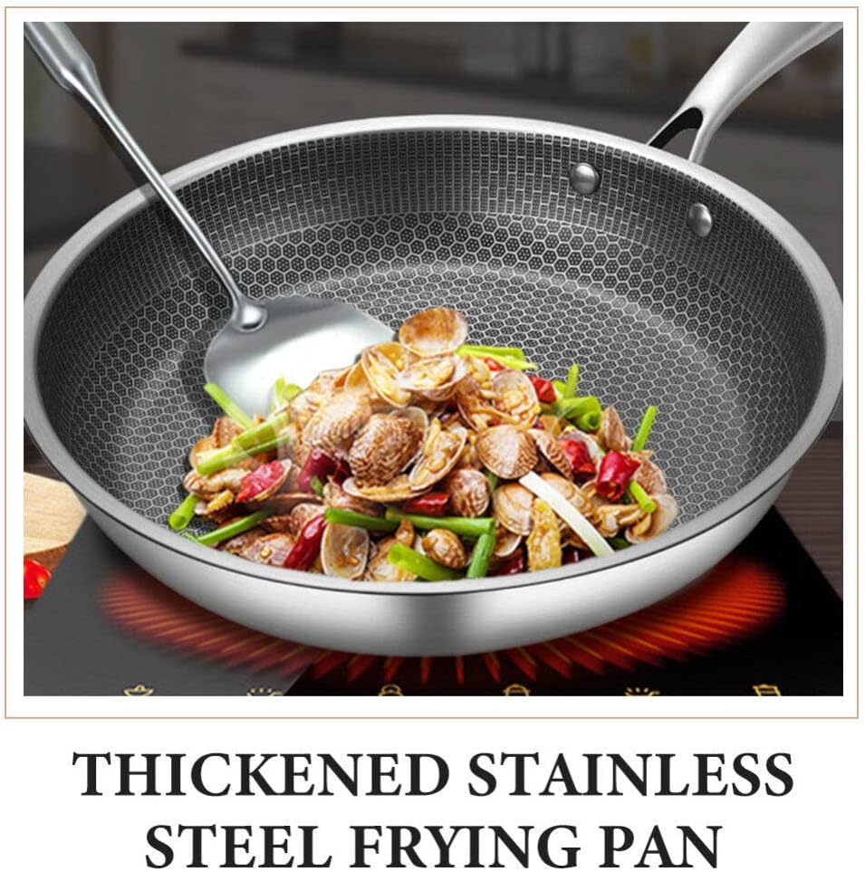Kichvoe Stainless Steel Honeycomb Wok Pan Ergonomic Handle Heavy Duty Frying Pan for Induction and Electric Stoves Non-stick Cooking Essential