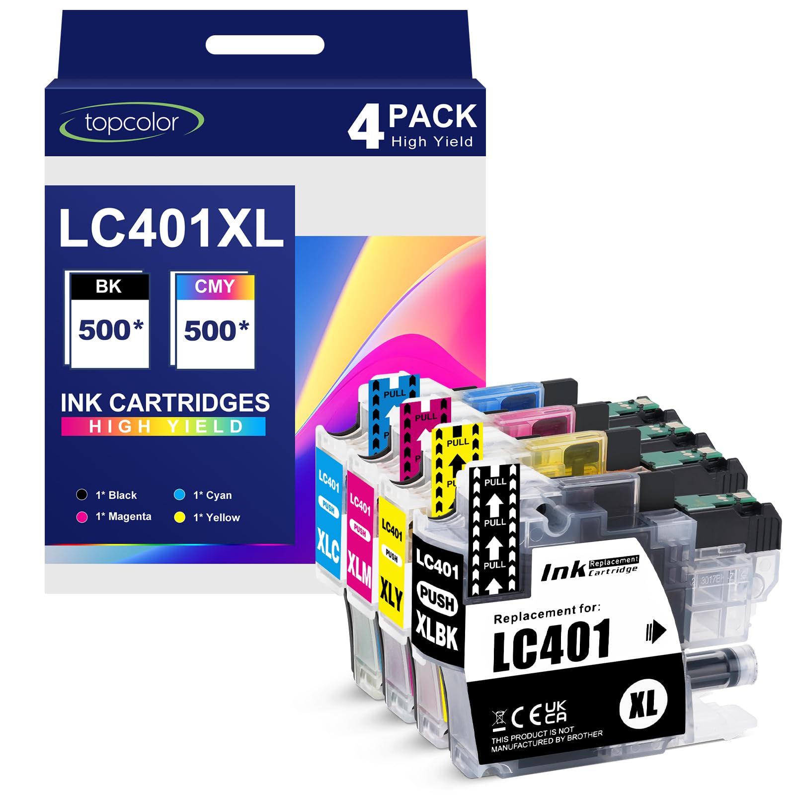 Photo 1 of Topcolor LC401XL High Yield Ink Cartridges (4 Pack), Non-OEM Compatible for Brother LC-401XL LC401 XL Printers MFC-J1010DW MFC-1012DW MFC-J1170DW MFC-J1800DW DCP-J1140DW (Black Cyan Magenta Yellow)