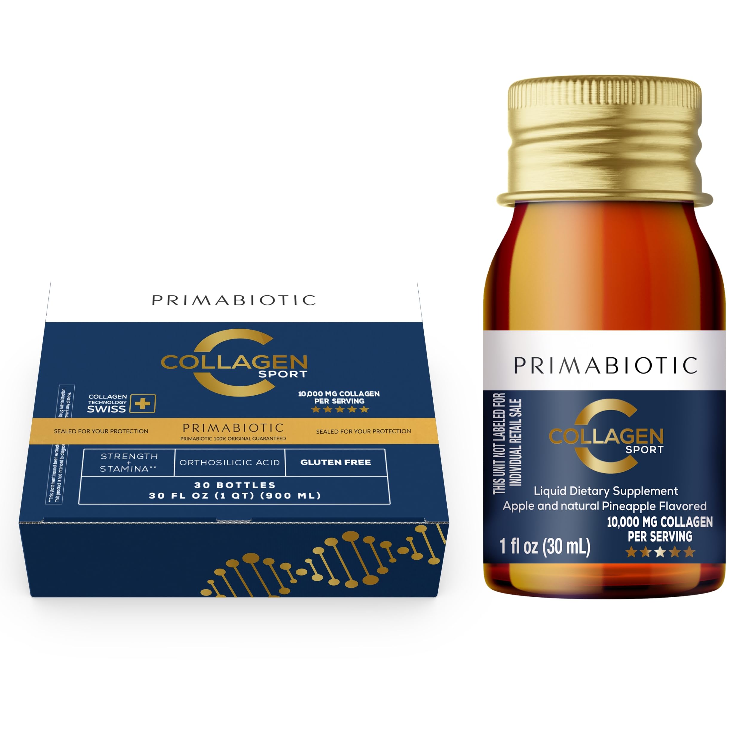 PRIMABIOTIC Colágeno Líquido Deportivo - Alto contenido de colágeno [10,000 mg] por porción - Bebida de colágeno hidrolizado y 12 vitaminas y ácido ortosilícico | Favorece la salud ósea, capilar y de las uñas | (30 botellas x 30 ml)