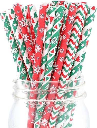Pajitas de Navidad para decoraciones de fiestas de Navidad, biodegradables de 7.75 pulgadas de largo, 4 diseños temáticos de vacaciones, perfectas