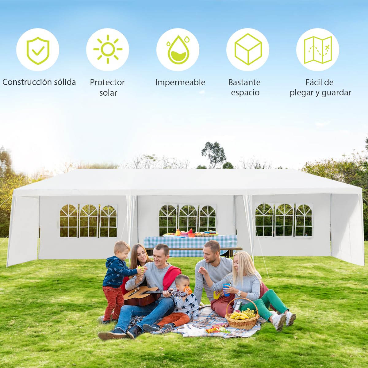 GOPLUS Carpa de jardín de 3x9 m, Cenador Plegable Impearable con Estructura metálica, Lona de PE, 6 Paneles Laterales Desmontables y 2 Entradas, Pabellón Exterior para Bodas, Fiestas (Blanca, 9x3m) | Tienda de Jardín para Cerveza con 2 Puertas con Cremall