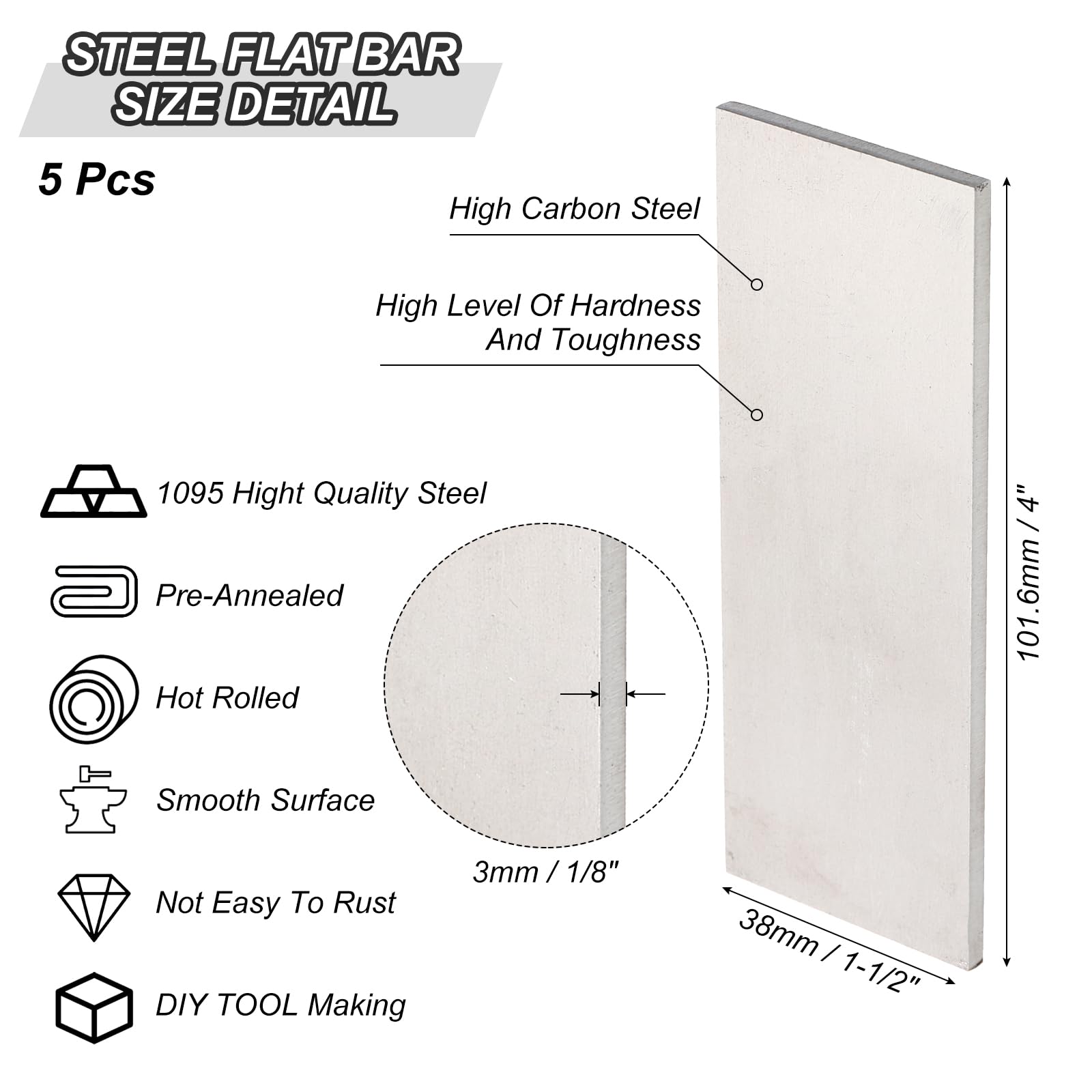 PATIKIL Barra Plana de Acero 1095, 5pcs, 102x38x3mm(L*An*G) Material para Fabricación de Cuchillos para Bricolaje en Blanco Hoja Metal, Profesional y Aficionado Uso, Negro