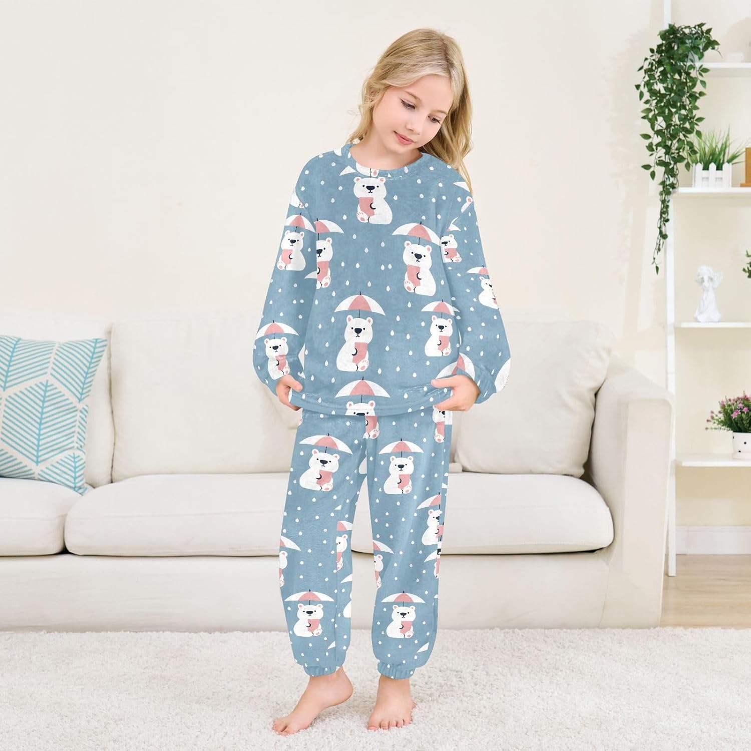 Kids Flannel Sets Bear Polar Umbrella Warm Plush Relaxed Clothing for Boys and Girls