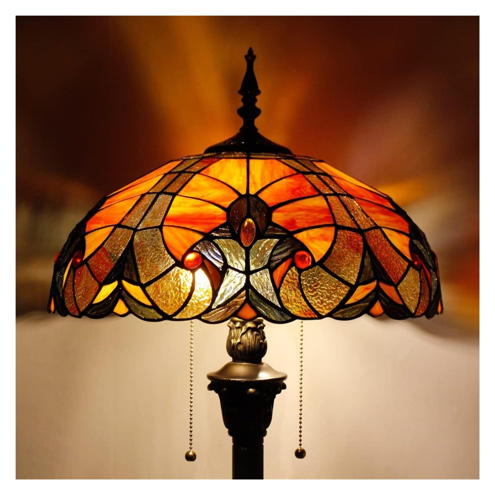 Lampa Stojąca Tiffany W Kolorze Czerwono-Brązowym,Witraż Liaison,Do Czytania,16X16X64 Cale,Antyczna Lampa Narożna Na Słupie