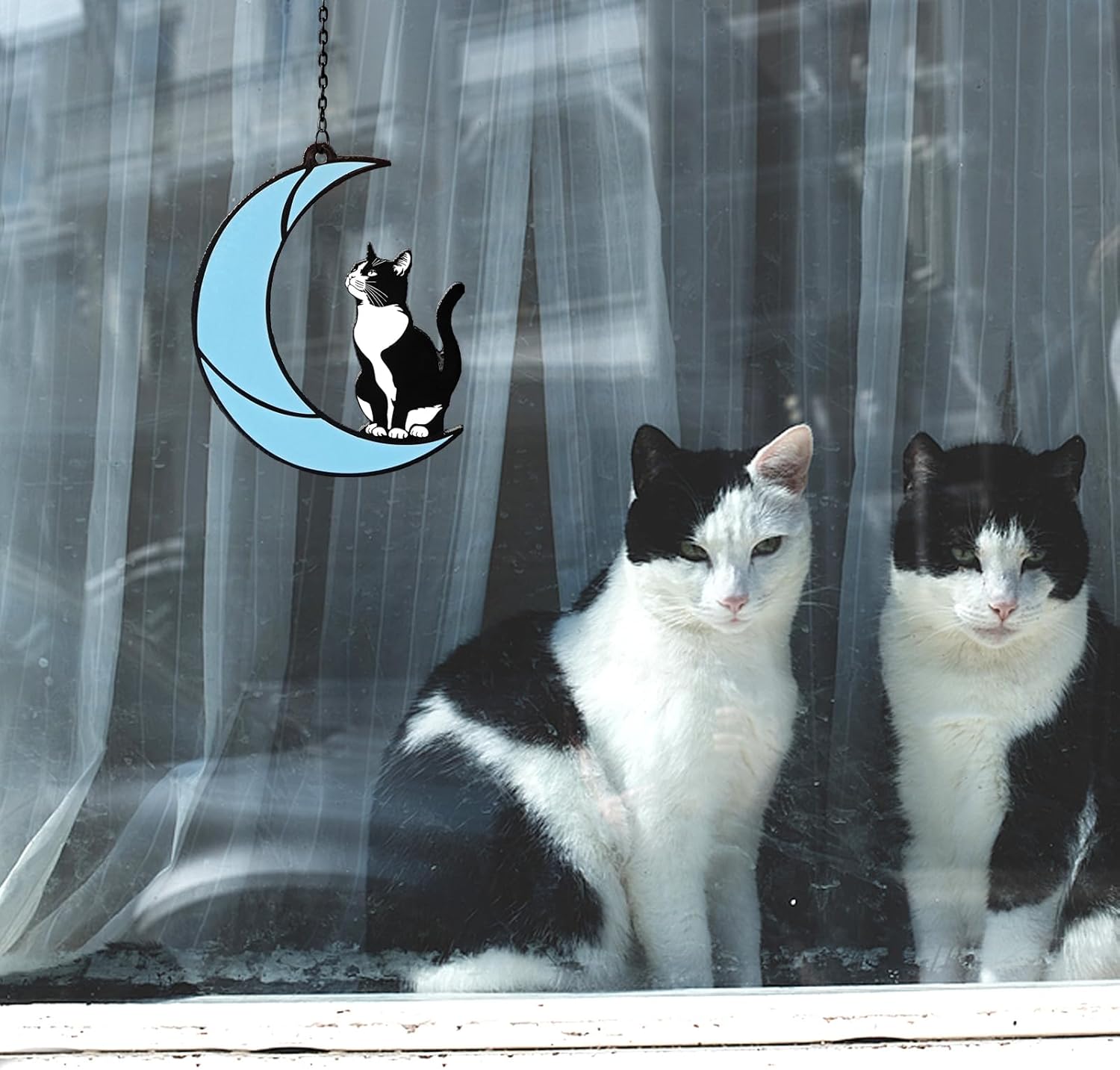 Black and White Cat Moon Suncatcher - Cat Loss Sympathy Gift, Tuxedo Stained Glass Hanging Ornament for Memorial Home Decor - Image 5