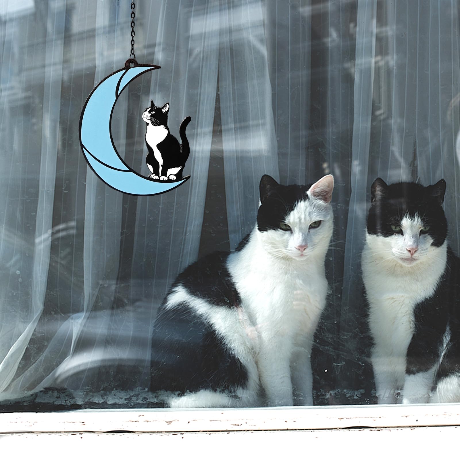 Black and White Cat Moon Suncatcher - Cat Loss Sympathy Gift, Tuxedo Stained Glass Hanging Ornament for Memorial Home Decor