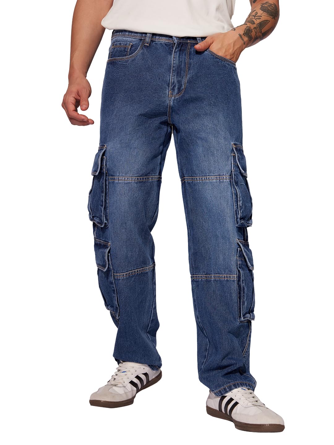 the souled store Denim: Washed Blue Men and Boys Buttoned Baggy Fit Cargo Jeans-picture-28