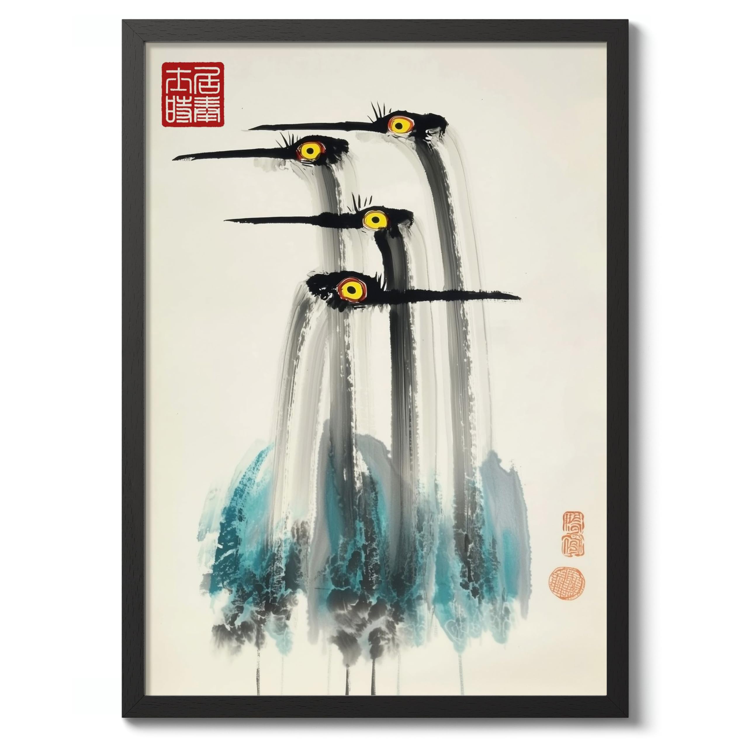 Cranes I Matsumoto Hoji Poster, Japanese Woodblock Art Prints, Ukiyo-e Painting, Minimalist Zen Wall Art, Bedroom Home Decor, A4 (Black Frame) - 32.7x24.1cm