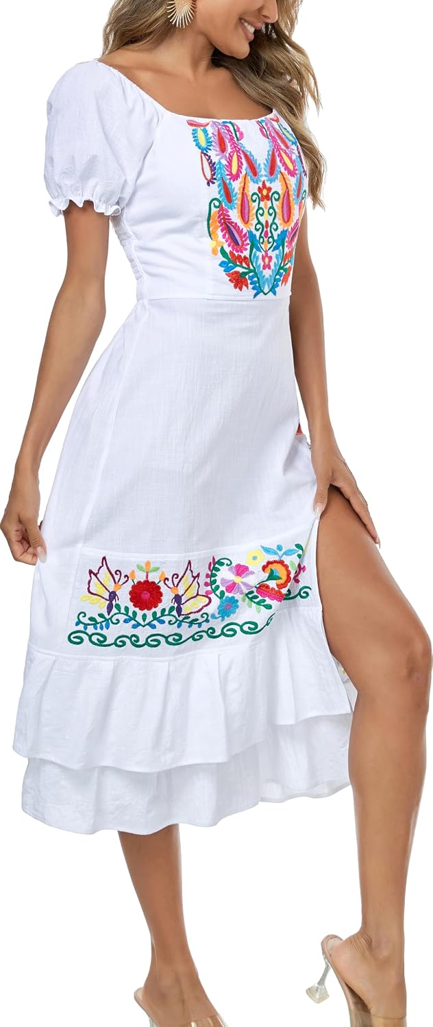 YZXDORWJ Mexican Dress for Women Boho Embroidered Sexy Ruffle Maxi Dress Short Sleeve Summer Beach Wedding Party Dress