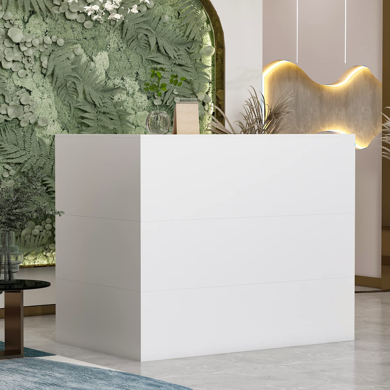 Mesa de Oficina con Bandeja para Ordenador y Estante Extraíble, Mueble Recepción con 1 Cajón y 1 Armario, Mostradores de Recepción, Mostrador Basic,‎ 80 x 140 x 120 CM, Blanco, MDF