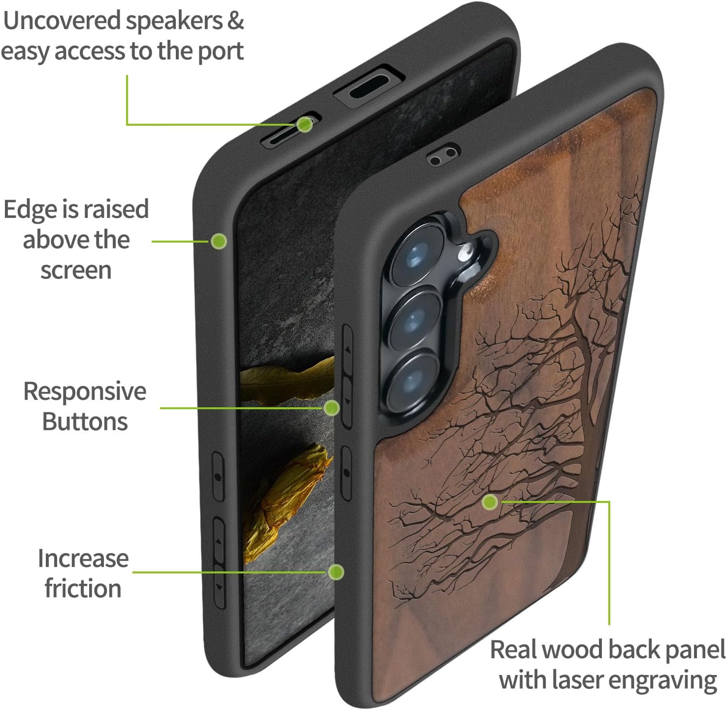 Carveit Wood Case for Galaxy S25 Case 2025 [Natural Wood & Black Soft TPU] Shockproof Protective Cover Unique Wooden Design Compatible with Samsung S25 (Eternal Tree-Walnut)