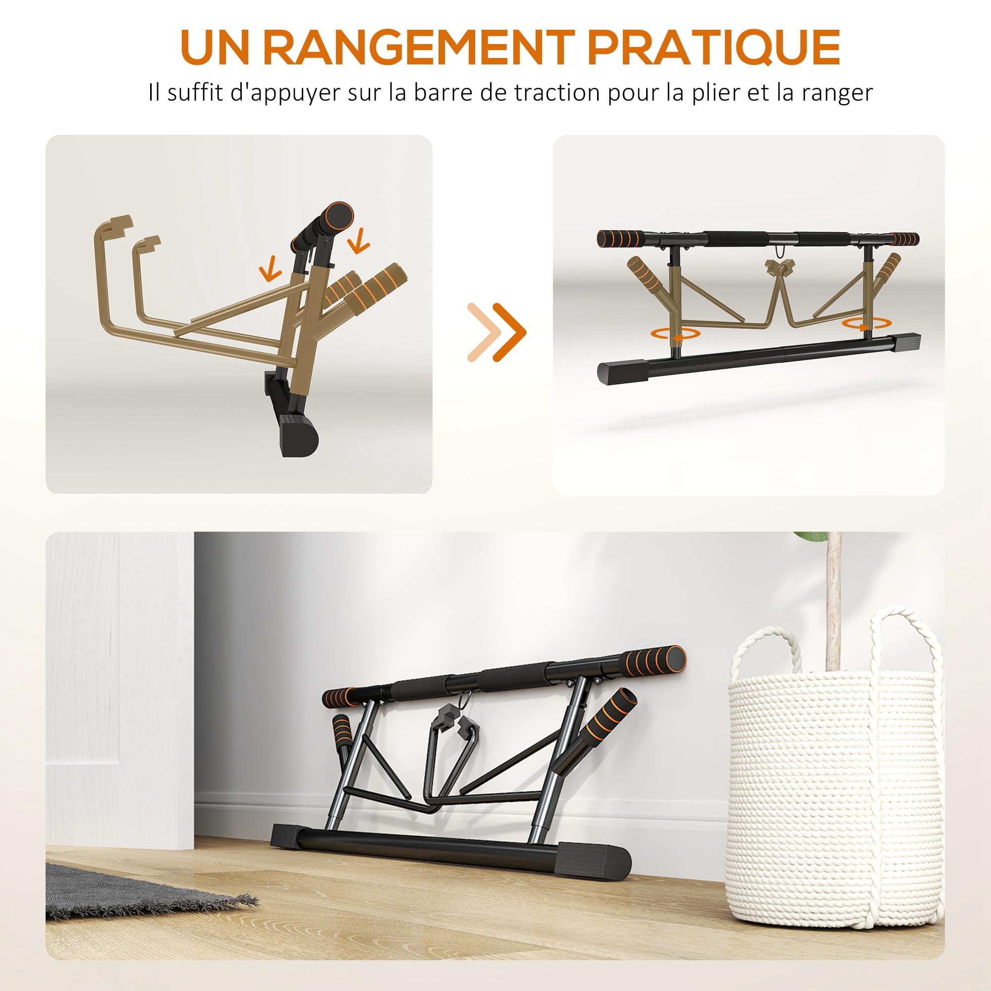 SPORTNOW Barre de traction, barre traction porte, avec bandes de résistance, poignées rembourrées, pour les exercices de gym à domicile, charge max. 150 kg, noir