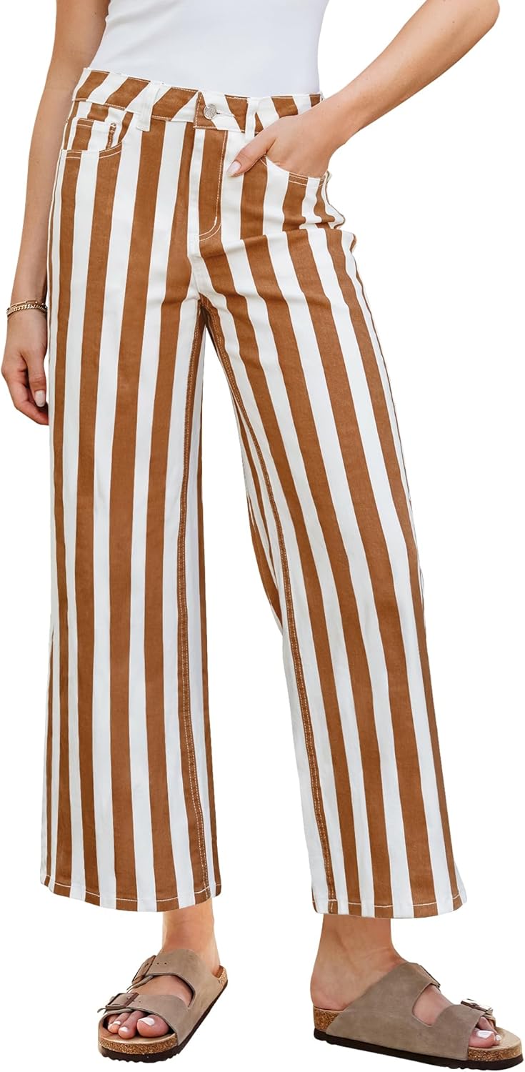 GRAPENT Women Jeans Striped Wide Leg High Waisted Trendy Stretchy Denim Pants Cute Casual Trouser Jeans with Pockets