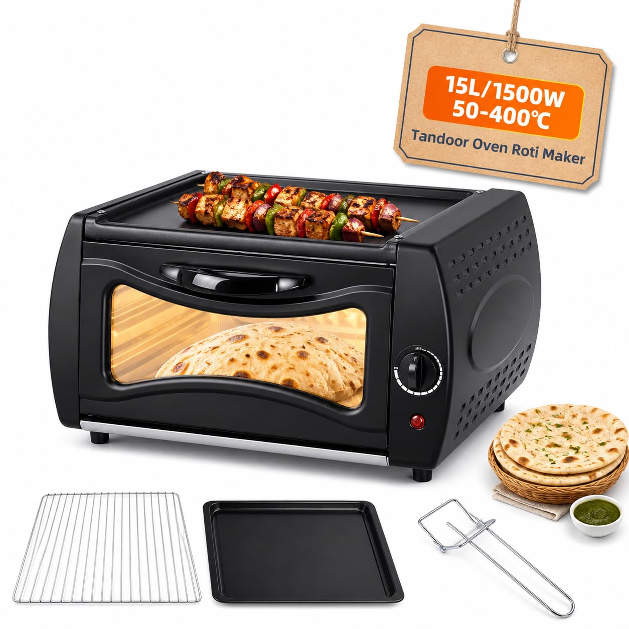 Four électrique Tandoor Roti Maker, machine Chapati Maker 1500 W, contrôle de température 50-400 ℃, avec plaque de cuisson et grille, pour pizza Lahmacun Manakish Naan
