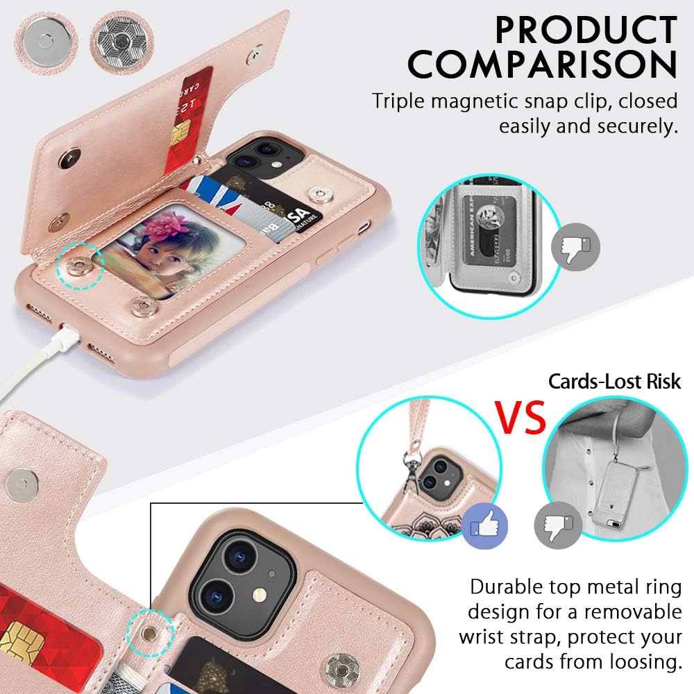 CASEOWL iPhone 11 Case,iPhone 11 Wallet Case with Card Holder,RFID Blocking,Kick Stand,Wrist Strap,Fit Magnetic Car Mount,Mandala Embossed Leather Back Flip Cover Case for iPhone 11(2019),Rose Gold