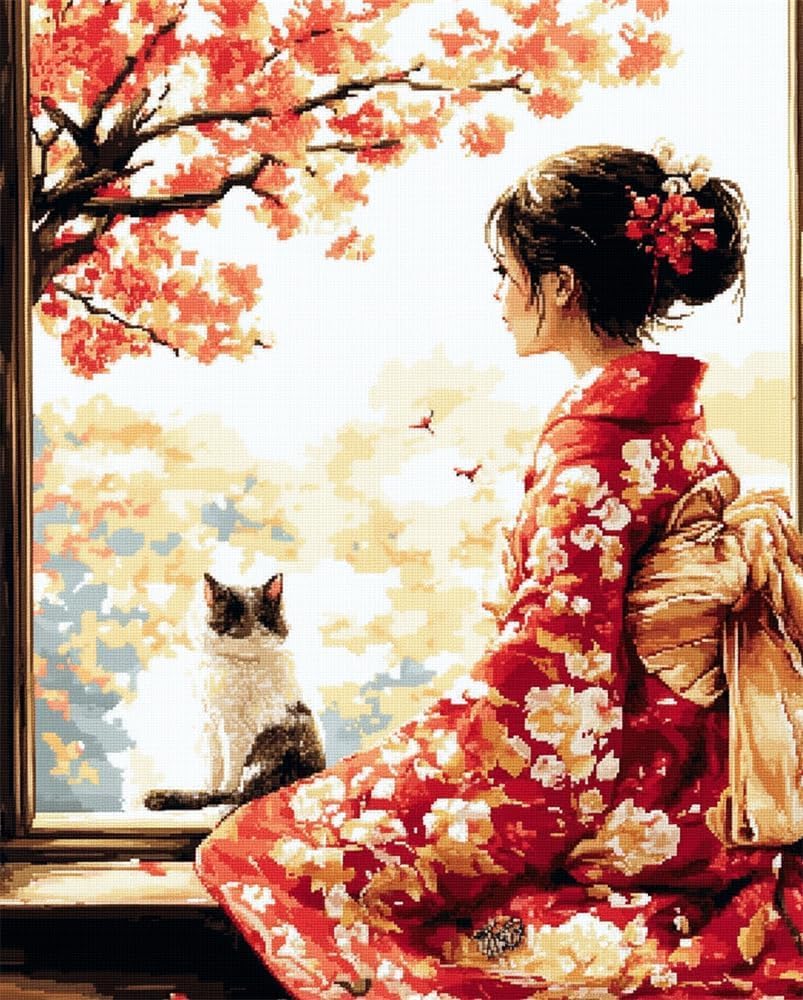 Cross Stitch Kits For Adults, Stamped Cross Stitch Kits For Beginners, Needlepoint Cross-Stitch Patterns Embroidery Kits Arts And Crafts For Home Decor Japanese Geisha And Kittens11Ct40X50Cm