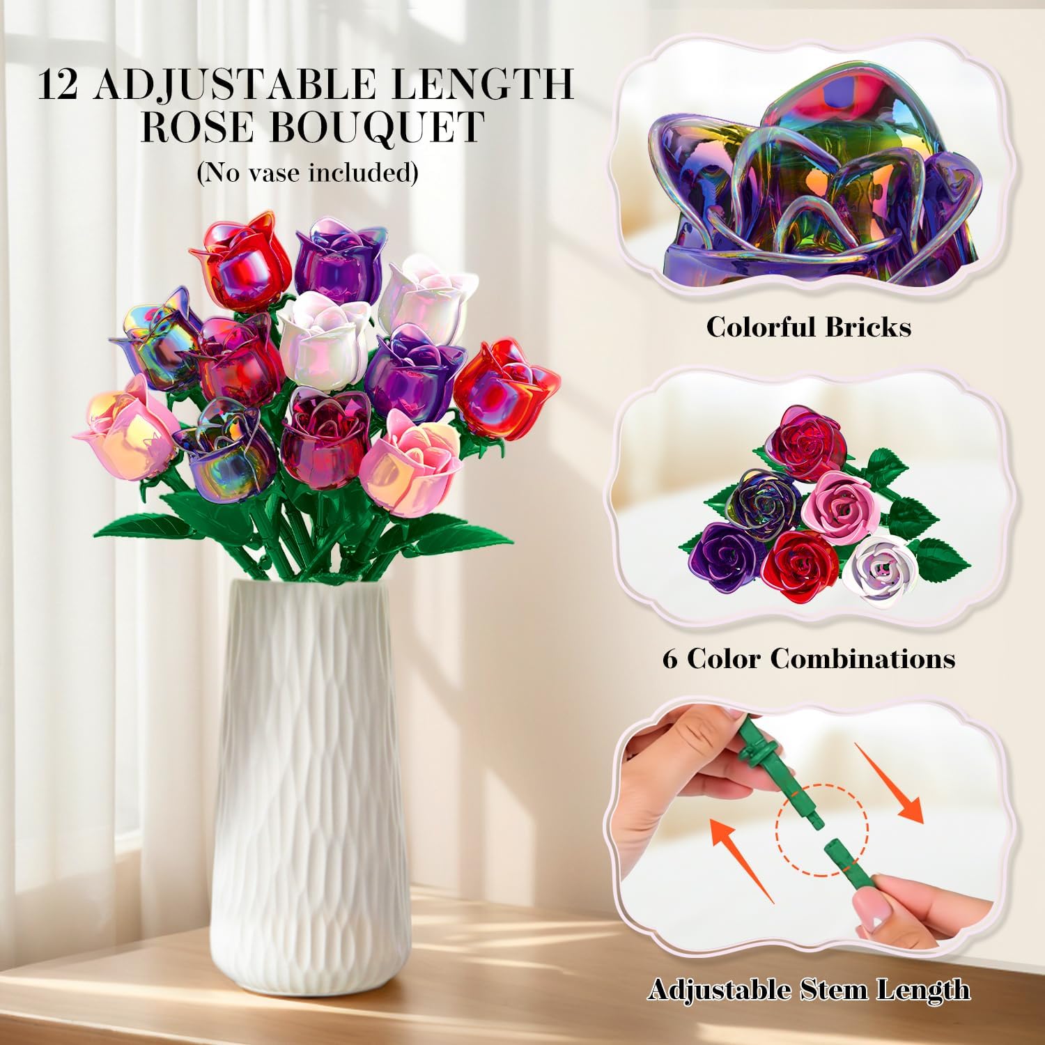 Colorful Rose Flower Bouquet Building Set, Botanical Collection Artificial Plant Compatible with Lego, Home Decor, Valentine's Day Birthday Mother's Day for Her Him Adult - Image 3