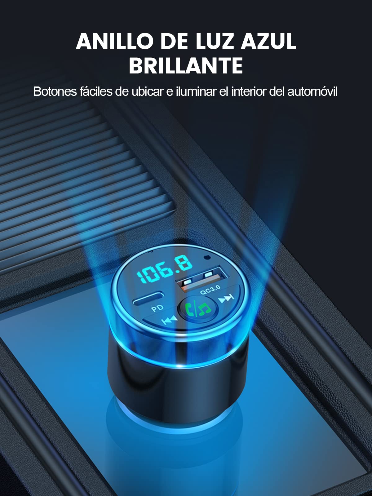 Mohard Transmisor FM Bluetooth 5.3 Coche, Todo Metal con Anillo LED, Cargador Rápido PD30W+QC3.0, Manos Libres con Cancelación de Ruido, Soporte USB/TF, Audio Hi-Fi